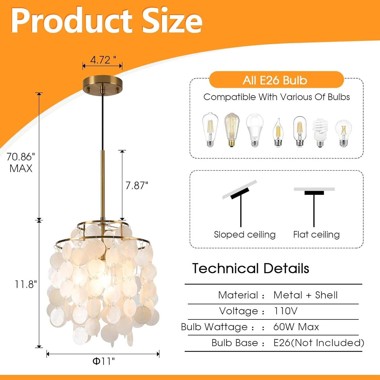 Capiz Shell Pendant Light 2 Tiers Round White Chandelier Coastal Ceiling Hanging Fixture for Living Roo,Dining Table, Bedroom, Kitchen, Foyer,W-11''