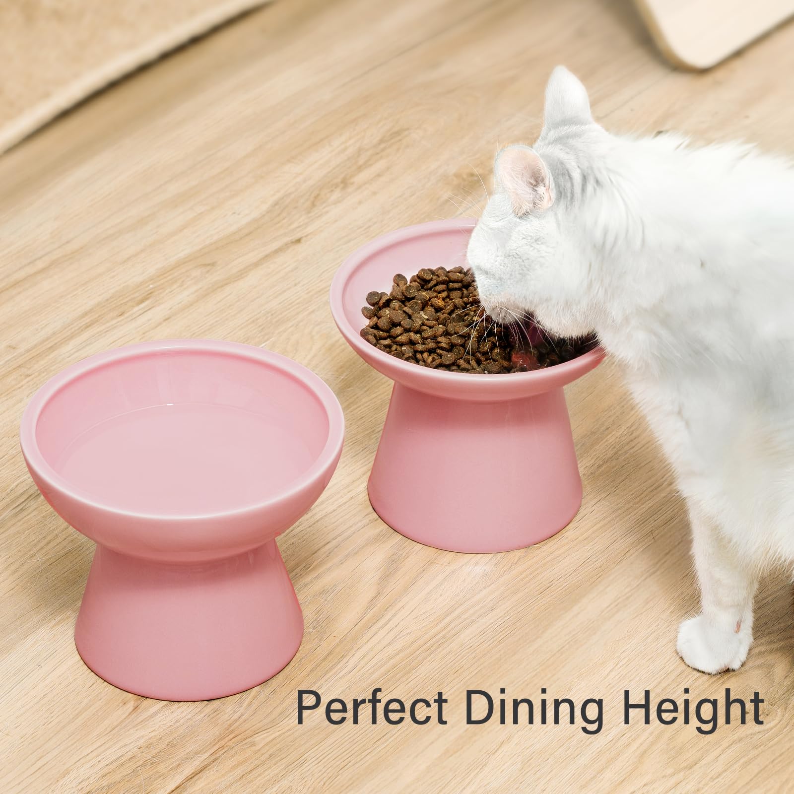 CEEFU 2 verhoogde kattenkommen extra breed voor voedsel en water - Whiskervermoeidheid, keramische brede ondiepe voedselschaal, verhoogde hoogte, roze