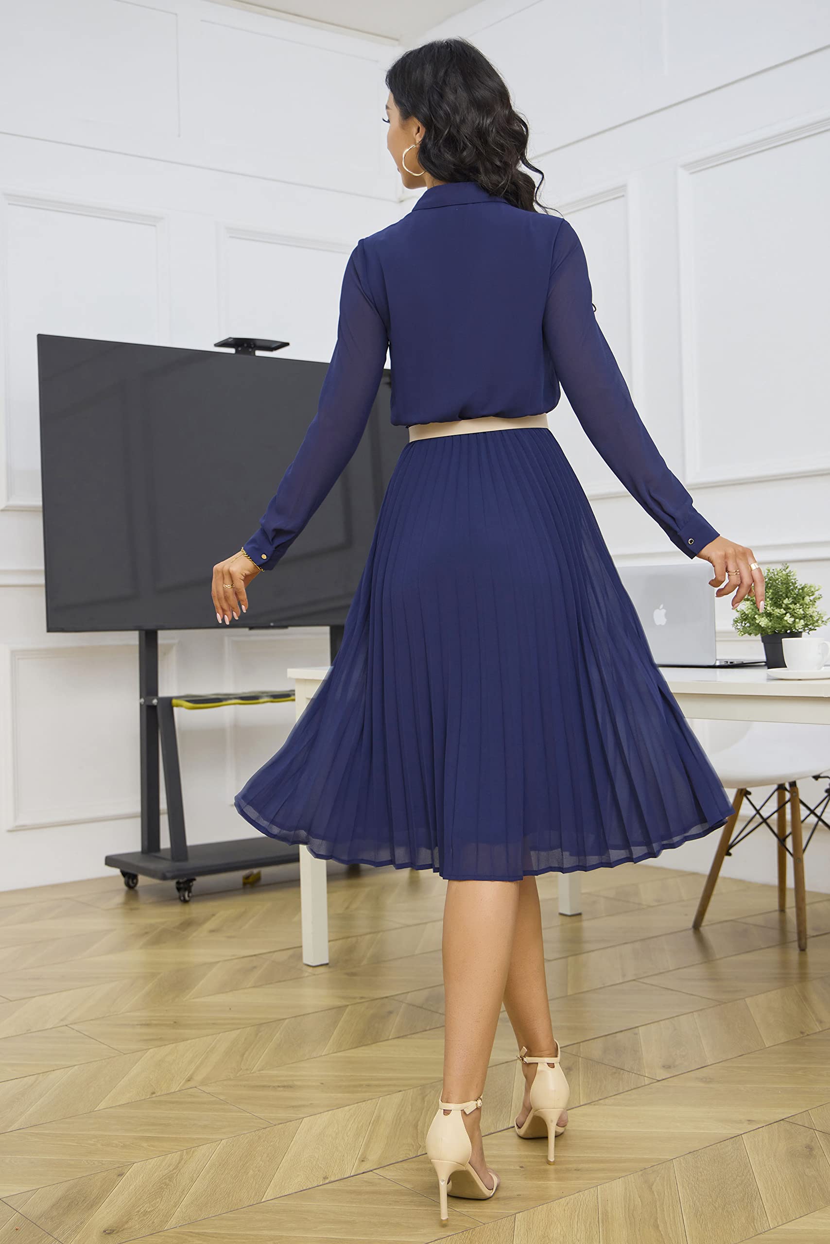 Pleated Work Dress For Women Long Sleeve Midi