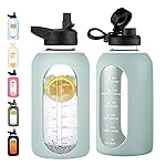 CIVAGO 64 oz Glass Water Bottle Jug with Straw and Handle, Half Gallon Sports Motivational Bottle with Time Marker and 2 Lids, Flask Canteen with Silicone Sleeve for Gym, Sage