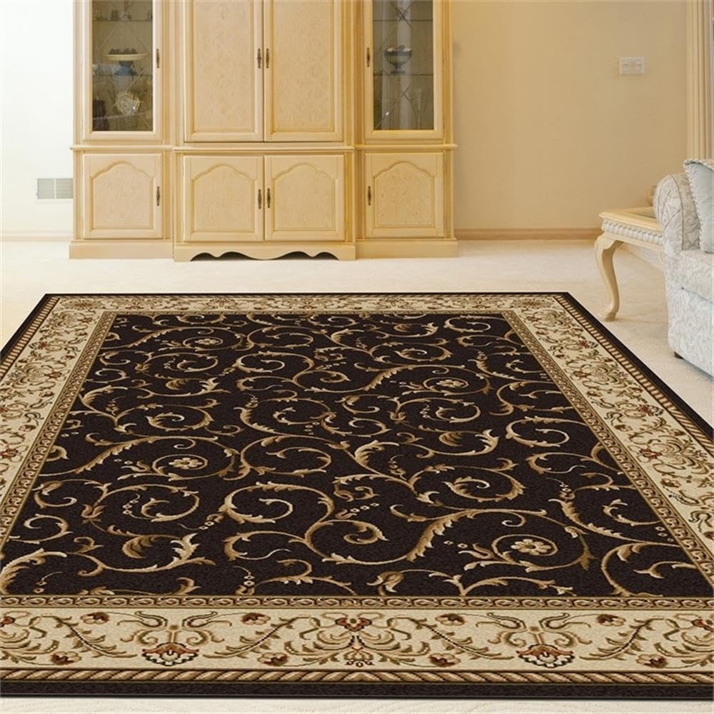 Pemberly Row Traditional 5'5" x 7'7" Rectangular Fabric Rug, Heat-Set Polypropylene, Brown Finish, Non-Shedding, Durable Design, Machine Made in Italy, Living Room, Dining Room, or Bedroom Decor
