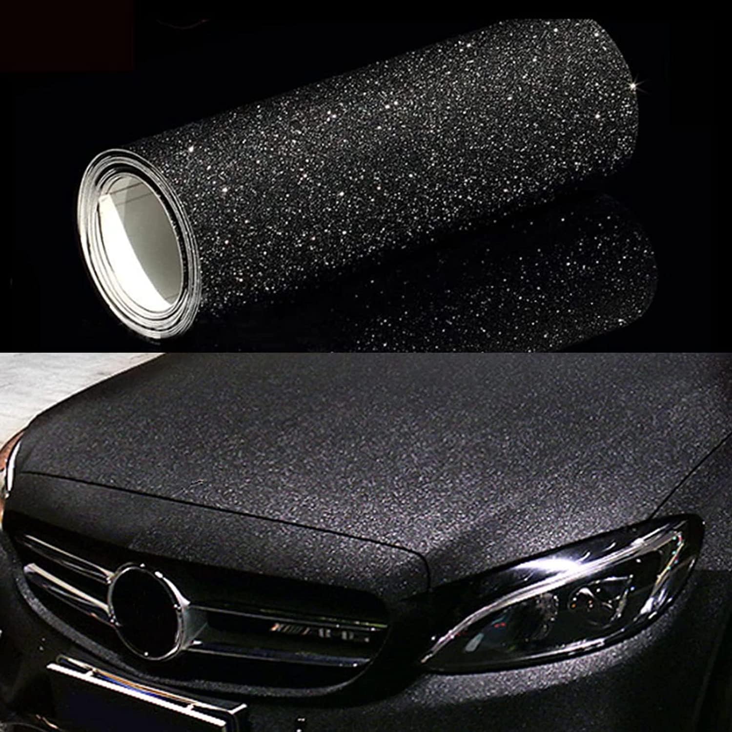 CompraFun Vinilo Coche, Vinilo Fibra Carbono 300 x 30cm Negro Purpurina Película Pegatina Adhesivo Impermeable sin Burbujas, Protección para Interior Exterior de Coche Moto Bici