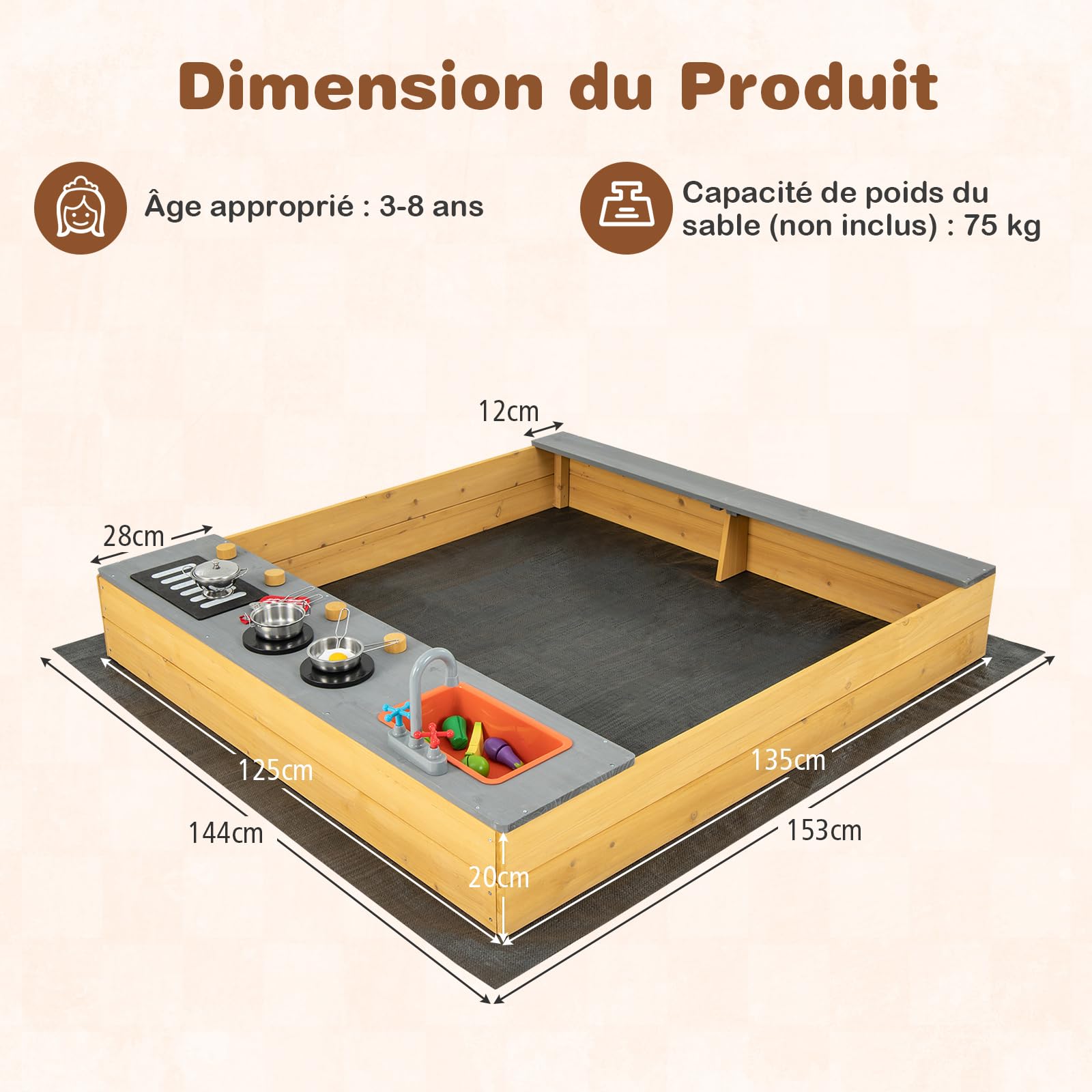 COSTWAY 2 en 1 Bac à Sable Enfant Extérieur avec 9 Accessoires et Évier et Barbecue, Bac à Sable en Bois Sapin avec Doublure Inférieure et Banc, Cuisine pour Jardin Maison Plage, 3-8 Ans