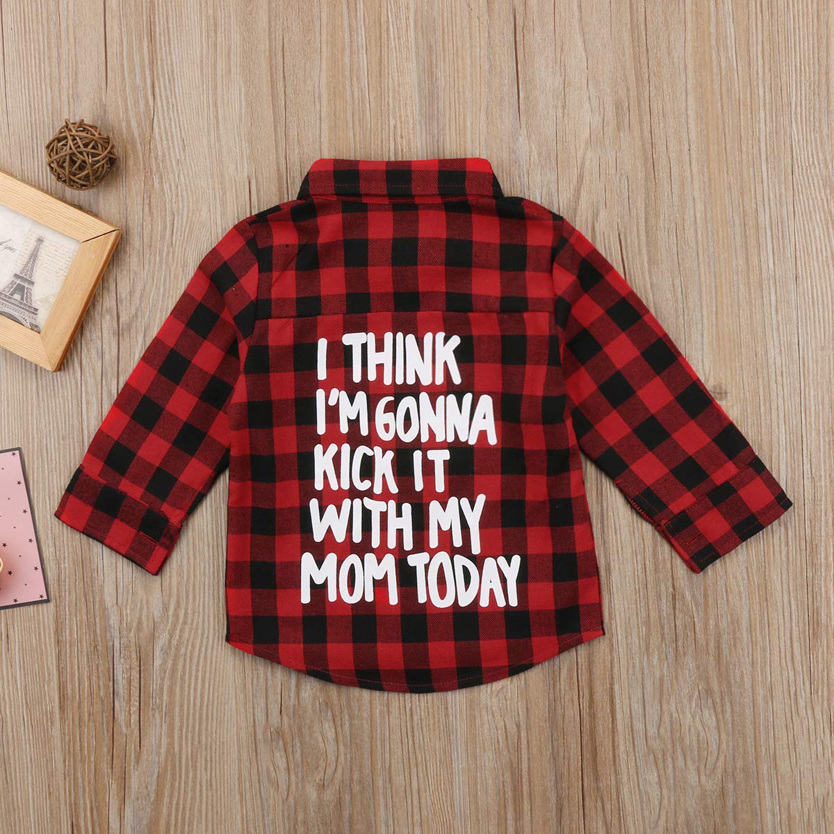 Baby Boys Girls Long Sleeve Back Letters Print Button Down Red Plaid Flannel/Denim Shirt (Red Black Plaid, 3T)