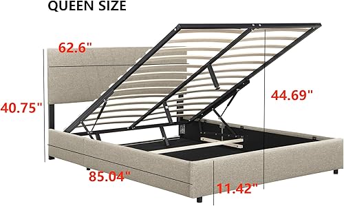 Miniatura 2 de Cama tapizada de plataforma tamaño Queen  Base de cama Queen con cabecera y sistema de almacenamiento hidráulico, base de colchón de soporte de