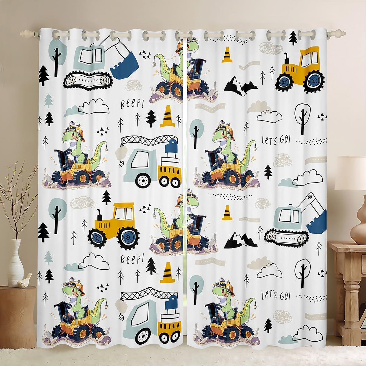 feelingyou Dinosaur Car Curtains for Windows,Cartoon Yellow Excavator Truck Curtains for Living Room,Watercolor Equipment Trucks Cute Dino Blackout Drapes 2 Panel Sets,46x72L โ image 1