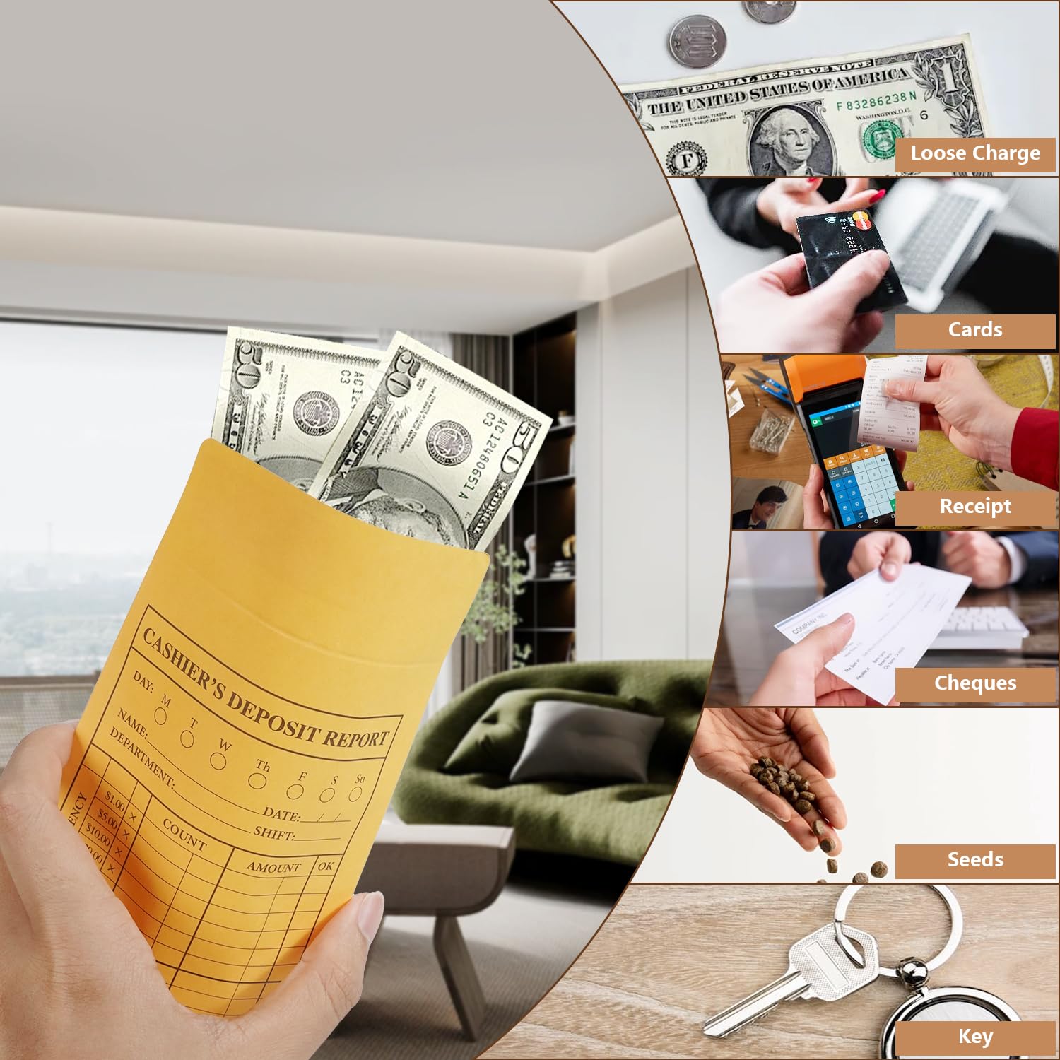 1000 sobres de dinero para dinero en efectivo con solapas engomadas, sobres de papel kraft marrón, sobres de efectivo para pequeñas empresas, caja registradora para minoristas y restaurantes, sobres