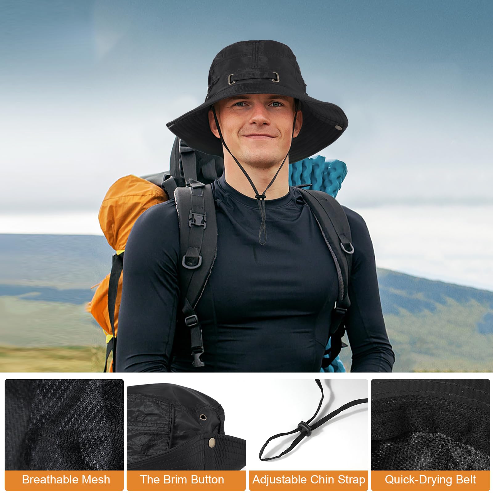 Unisex kapelusz typu bucket UPF 50+, ochrona przed promieniowaniem UV, wodoodporny, oddychający, składany, outdoorowy kapelusz z regulowanym sznurkiem i opaską przeciwpotną, dla mężczyzn i
