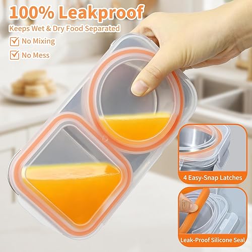 Miniatura 4 de Recipientes de acero inoxidable con tapa, reutilizables, con 2 compartimentos, contenedores de almacenamiento de alimentos de 13 onzas, a prueba de