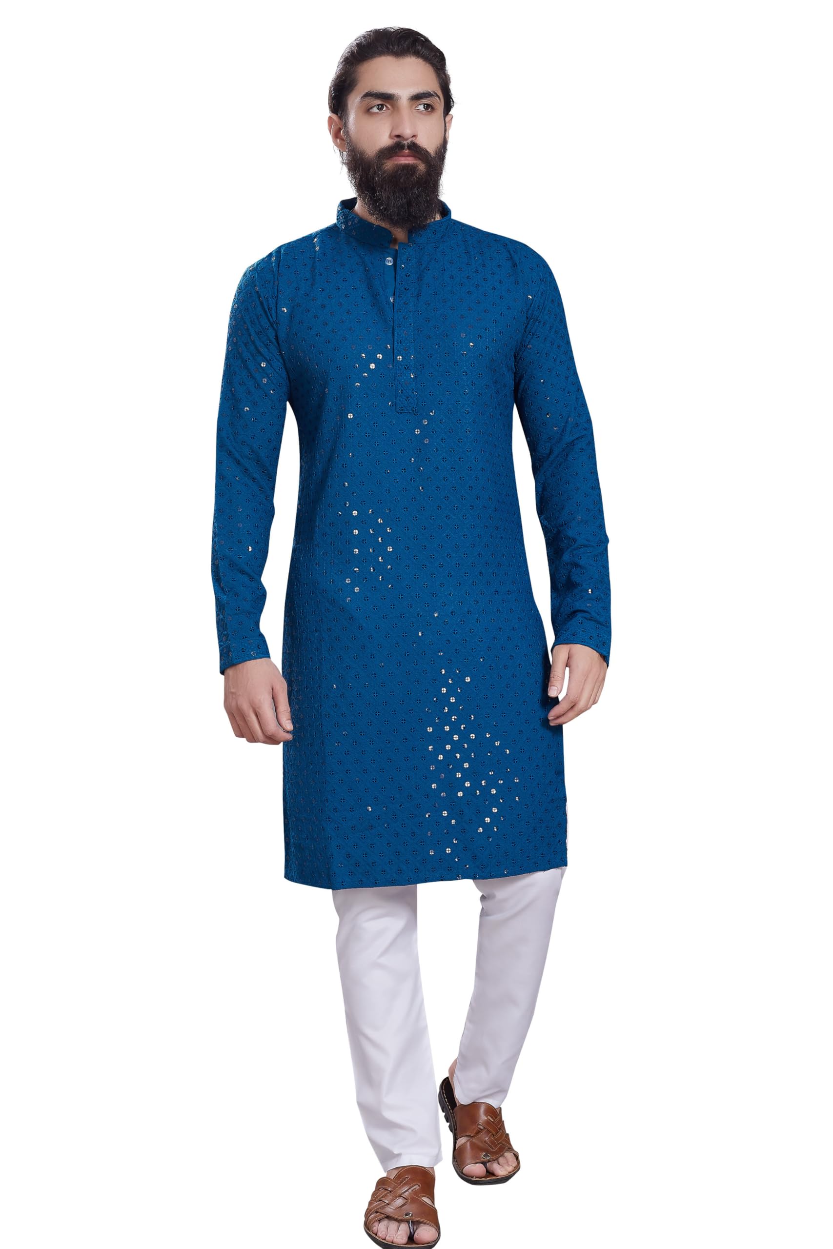 Divisive Men's Sequince Embroidered Cotton Blend Only Slim Fit Kurta (Dkrt228_M_Teal)