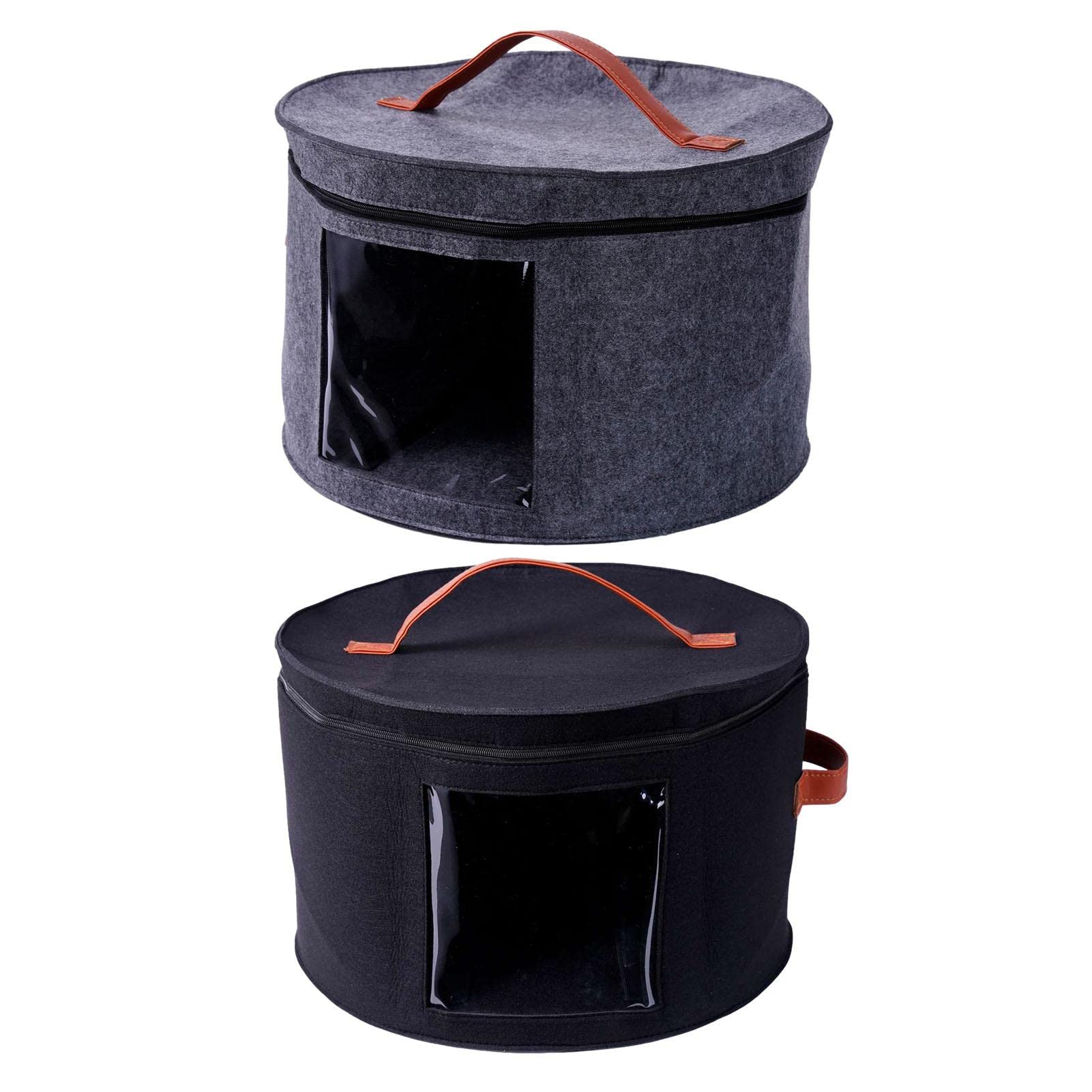 2 cajas redondas con tapa, gran maletín, pop up sombrero, caja de almacenamiento, organizador redondo transparente, organizador de armario decorativo, 43 cm, gris y negro