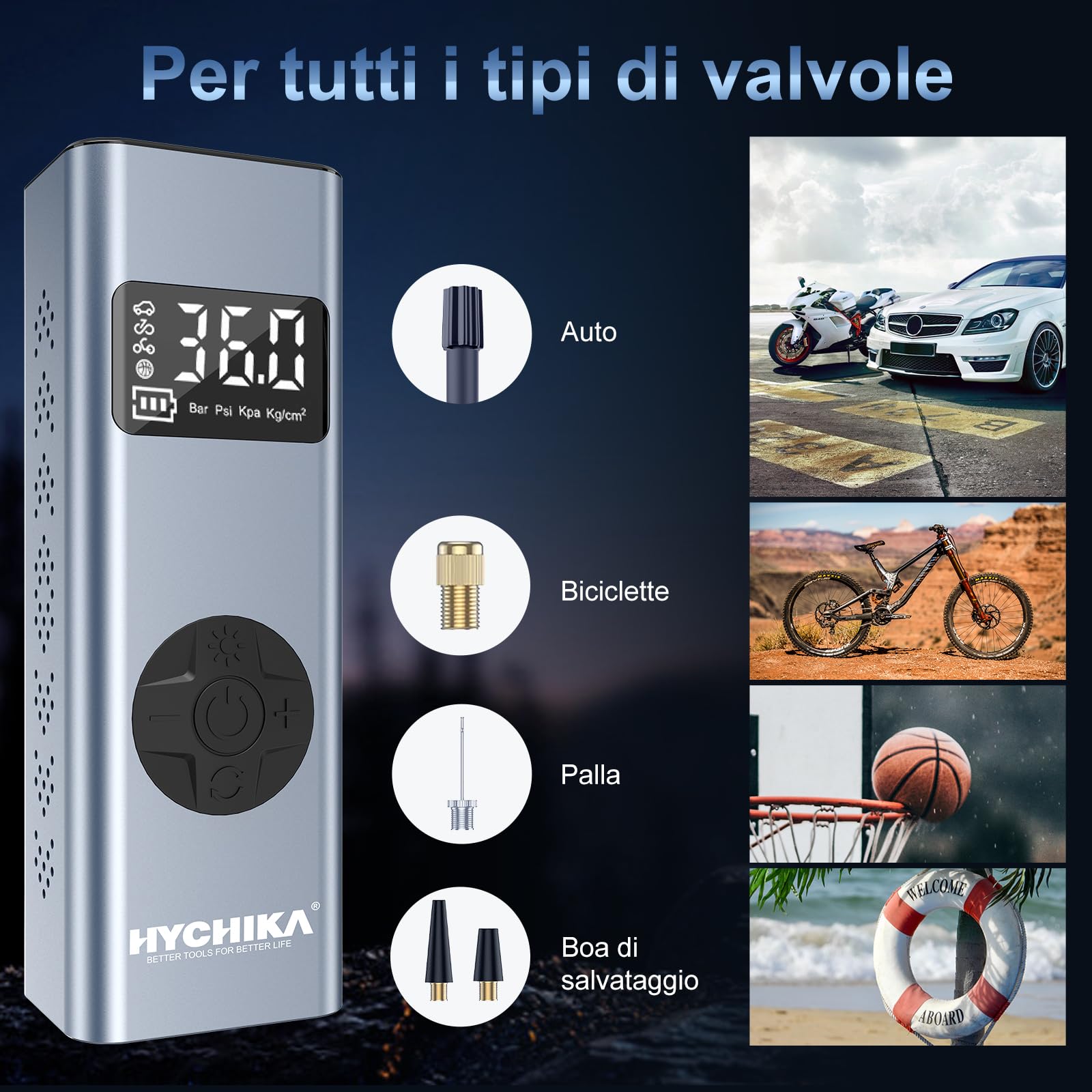 HYCHIKA Compressore Aria Portatile 12V, 6000mAh 150PSI Mini Compressore Portatile, Gonfiatore Gomme Auto con Schermo LCD Digitale, Pompa per Bicicletta, Auto, Moto, Monopattino, Palloni