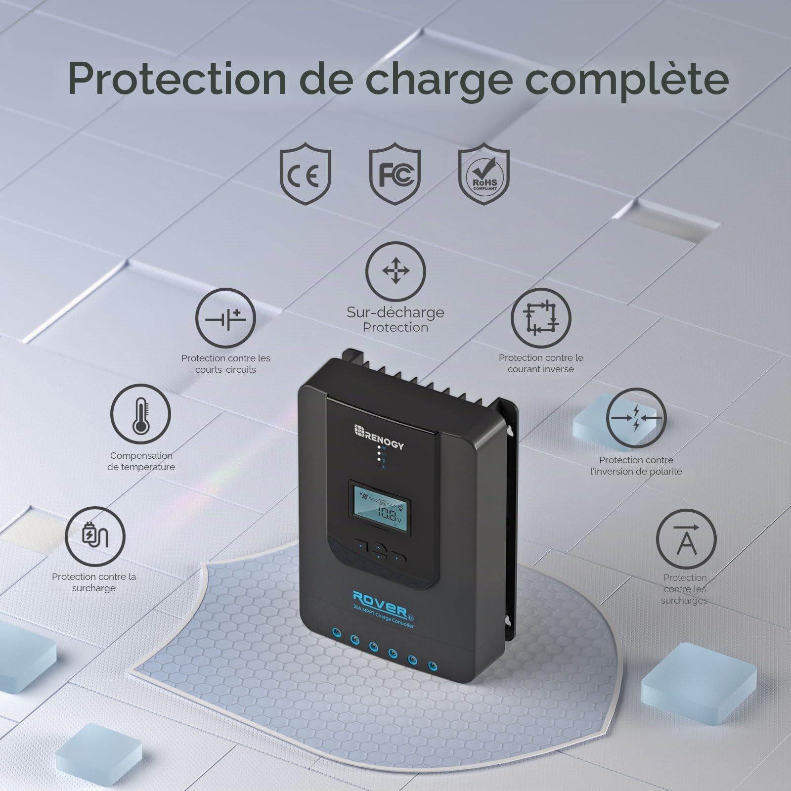 Renogy Régulateur solaire MPPT 20 A 12/24 V avec écran LCD