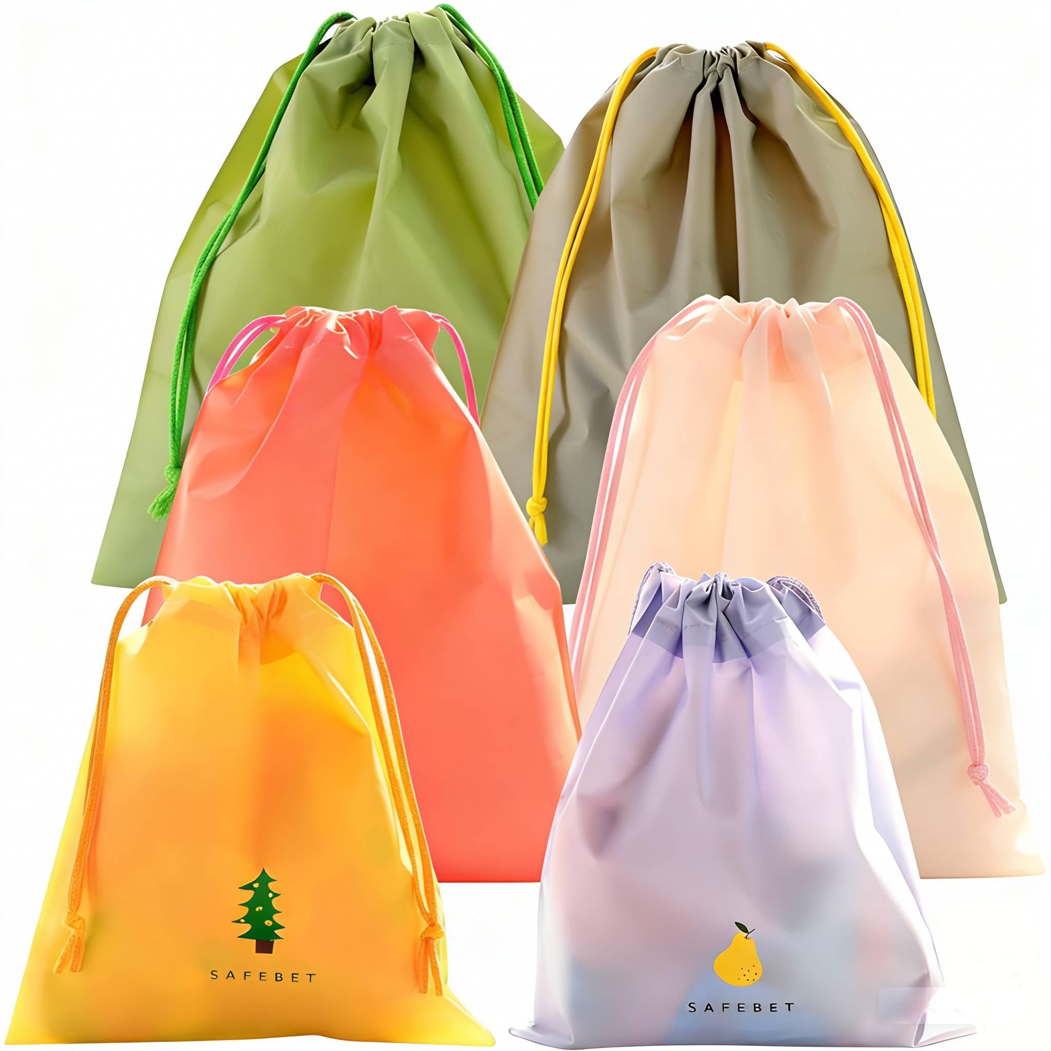 Rayakt 6 Pack Drawstring Bags, Reusable Waterproof Travel Storage Bags with 3 Sizes & 6 Patterns, Foldable Drawstring Toiletry Bag for Gym, Swim, Shoe, Laundry, and Sports Gear Organization