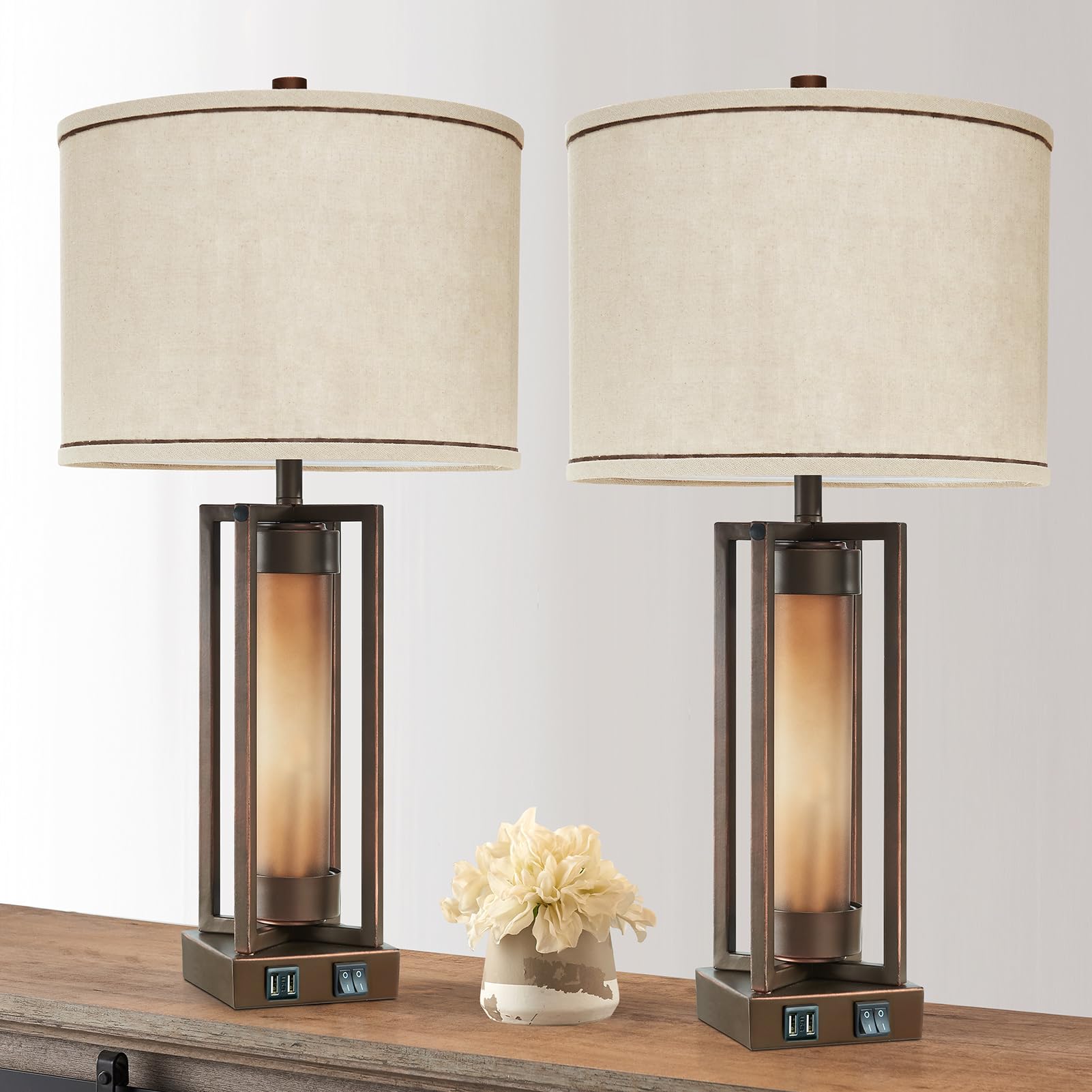 RORIANO Rustic Table Lamps for Living Room Set of 2 with 2 USB Ports, Farmhouse Vintage Nightstand Lamp with Amber Glass Night Light, Retro Desk Lamp for Bedroom Bedside, 4 Bulbs Included (Brown)