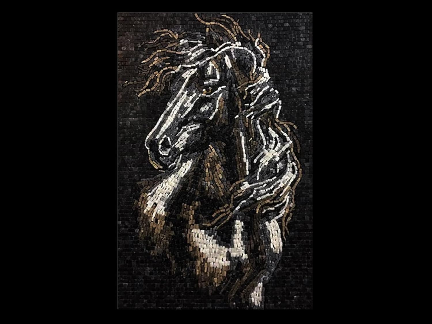 Handmade Black Beauty Horse Marble Mosaic Wall Art, Horse Tile Mosaic Artwork, Hand-Cut Natural Stone Equestrian Wall Décor