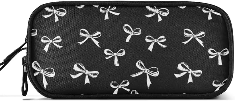 Caikeny Pencil Case Black White Bow Pen Bag Large Capacity Pencil Box Pen Pouch with Zipper Cosmetic Organizer for Kids Teens Adults