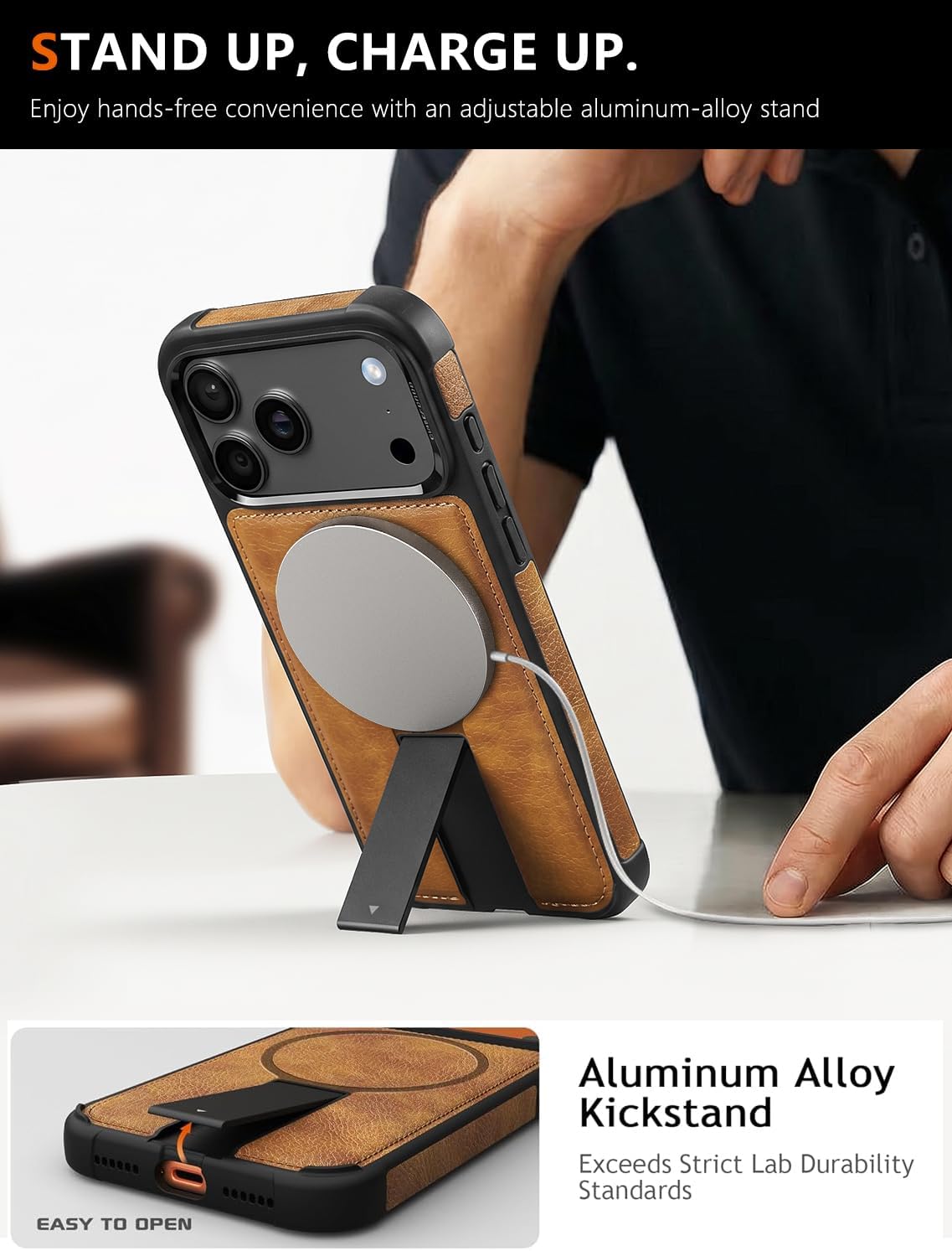 Strong Magnetic for iPhone 17 Pro Case Leather,[Compatible with MagSafe], Adjustable Kickstand, Shockproof Protective Cover for iPhone 17 Pro (Brown, iPhone 17 Pro)