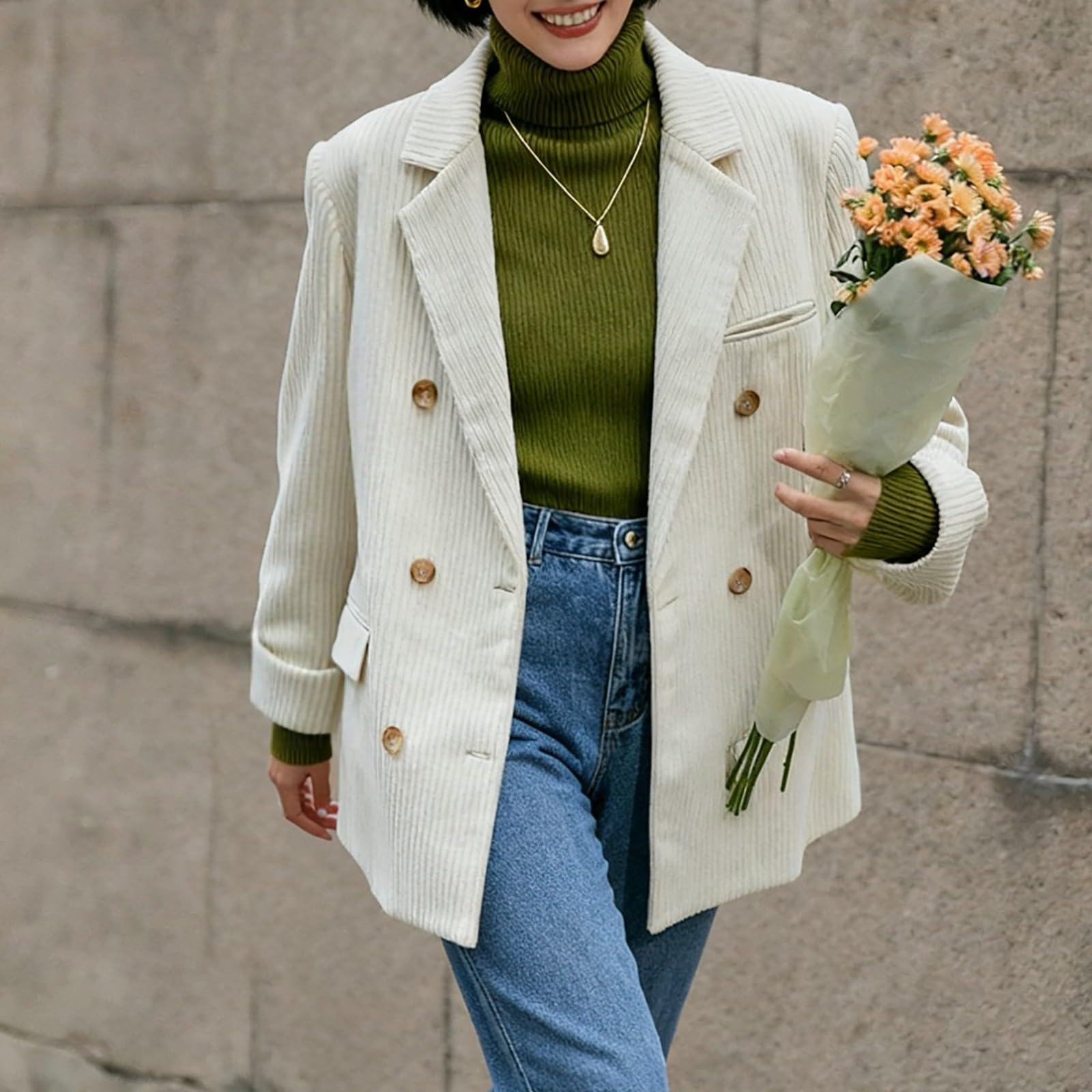 Generisch Blazer traditionnel moderne à double boutonnage en velours côtelé pour femme, cintré, marron, veste de costume, veste d'affaires, veste vintage en velours côtelé, pour le travail, le bureau