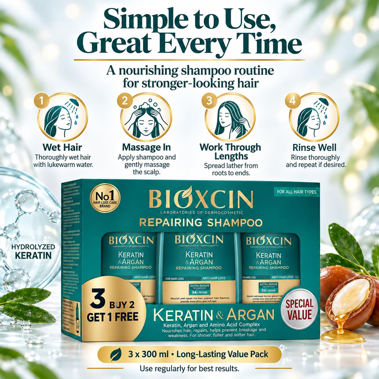 Bioxcin Keratin & Argan Reparatur-Shampoo 5er Set 3x300ml