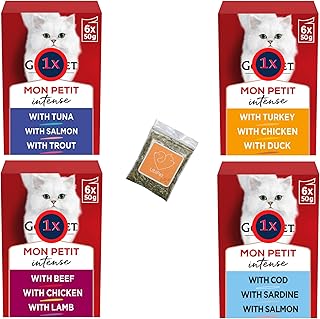 Wet Cat Food Bundle with Poultry,Fish,Ocean and Meat Flavours Pack of 4 (Total of 24 Pouches x 50 gram) plus 1 UbiPet Catnip