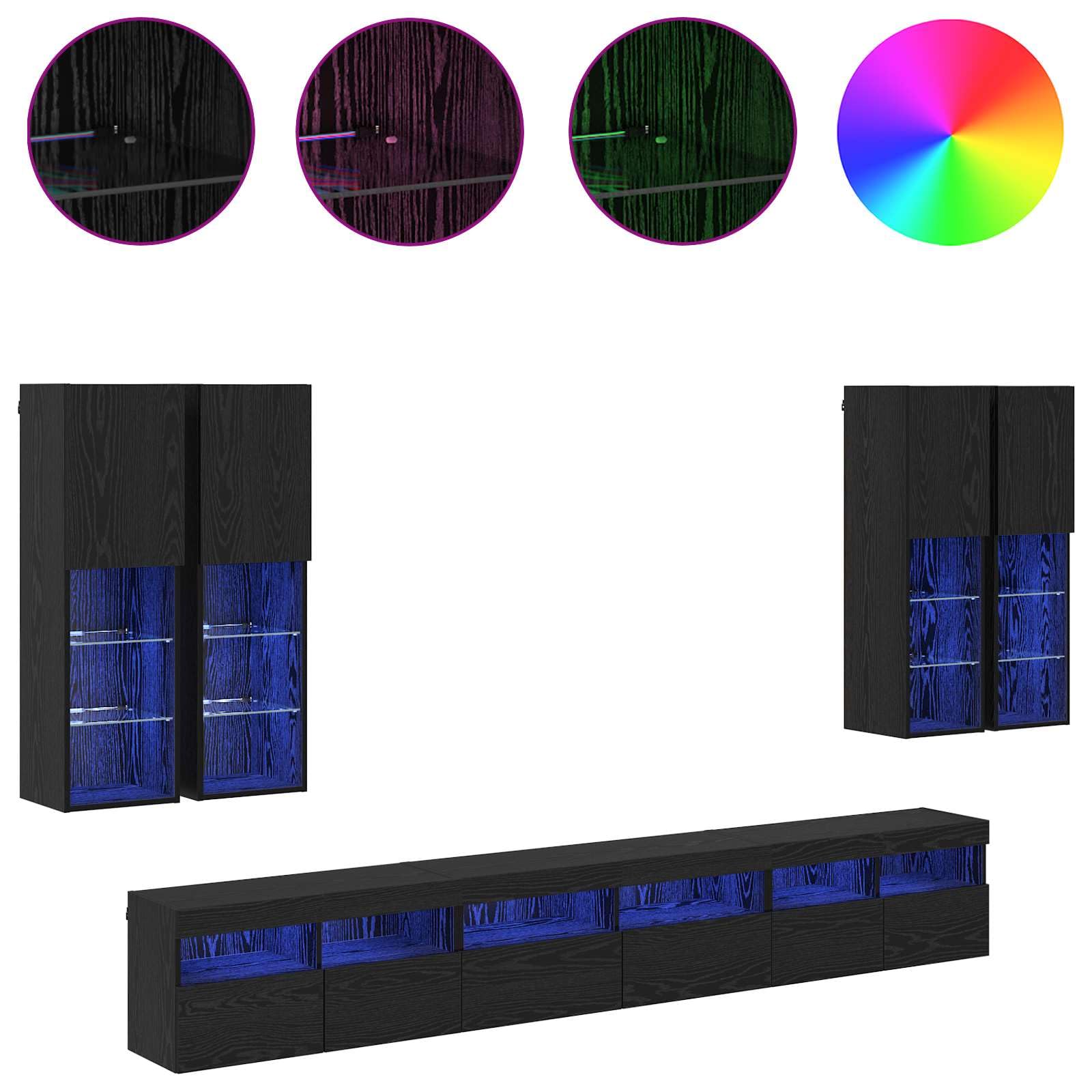 Zestaw regałów ściennych do telewizora, 7 sztuk, kolor czarny, imitacja dębu, materiał drewnopochodny, 30,5 x 30 x 104 cm, nowoczesny zestaw szafek z oświetleniem LED, do salonu, kina domowego
