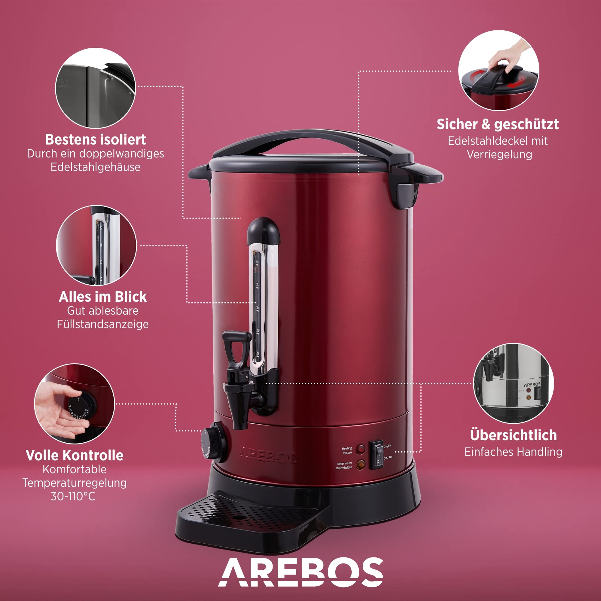 Arebos Glühweinkocher 950 W | Heißgetränkespender | 8,8 L | mit Auffangschale, Auslasshahn, Thermostat und Überhitzungsschutz | Temperatureinstellung von 30-110°C | Rot