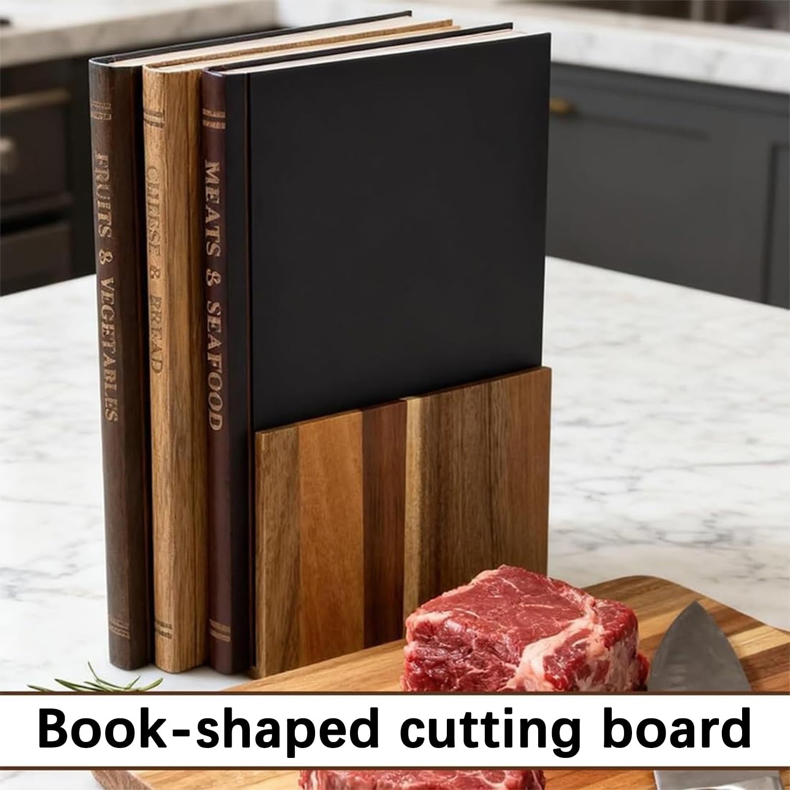 Tabla De Cortar Con Forma De Libro, Tabla De Cortar De Cocina, Tabla De Cortar Decorativa, Madera Maciza De Acacia, Juego De Tres Piezas Con Soporte,Para Uso Doméstico y De Entretenimiento.