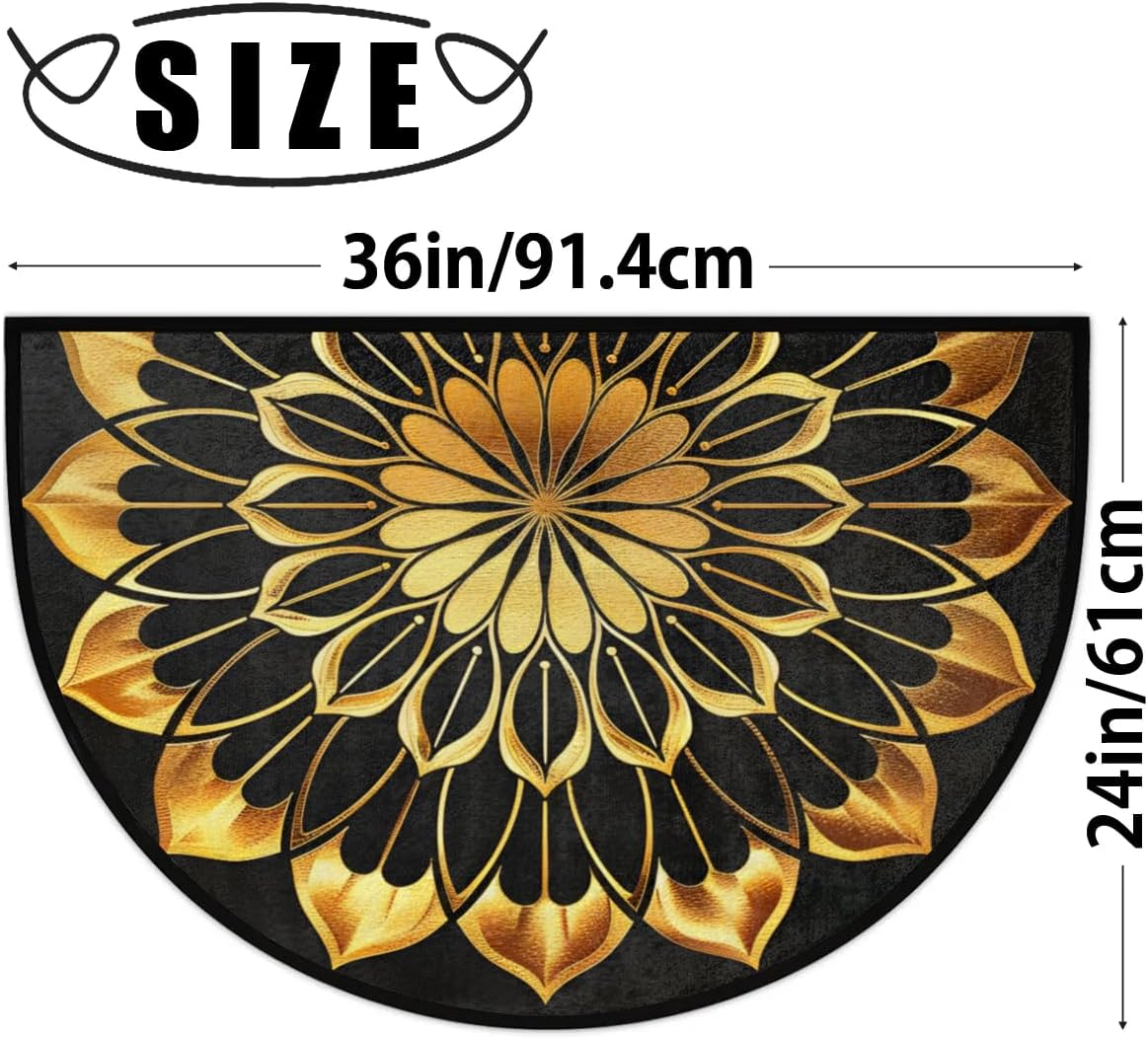 Half Round Door Mat Mandala Flower Vintage Non Slip Absorbent Semi Circle Area Rugs Washable Half Moon Floor Mats for Indoor Outdoor Patio Kitchen Bathroom Entryway Fireplace Home Carpet Decor