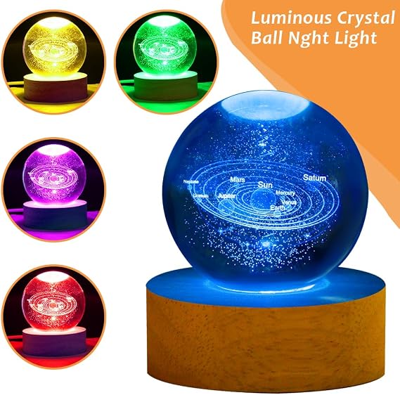HOTUT 3D Solar System Crystal Ball, 3D Planets Crystal Ball with Wooden Base, Space Galaxy, 3D LED Night Light Tabletop for Birthday Gift Anniversary Home Decor [Energy Class A]