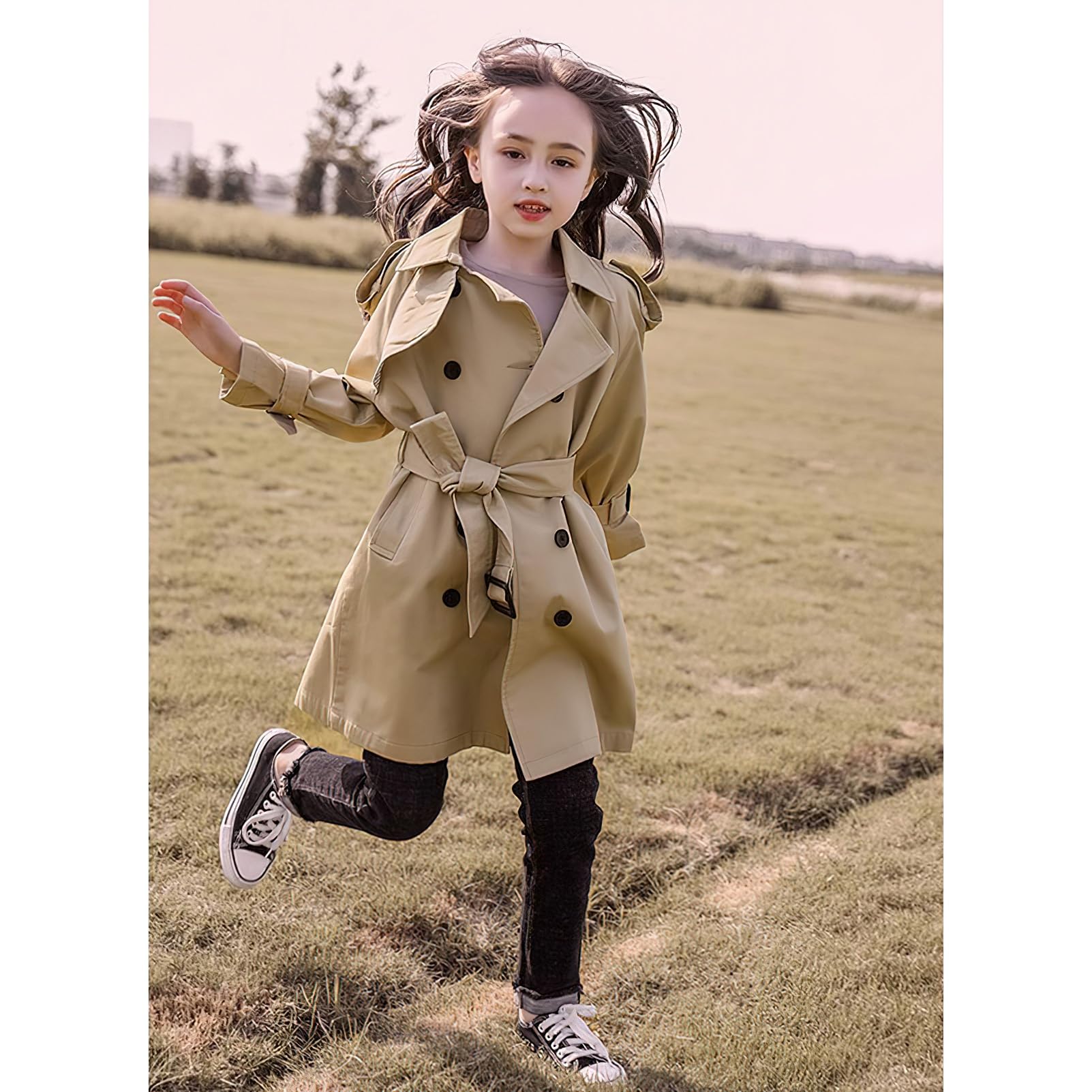 amropi Filles Trench-Coat Coton Automne Veste Single Breasted Trench Manteau pour 4-17 Ans