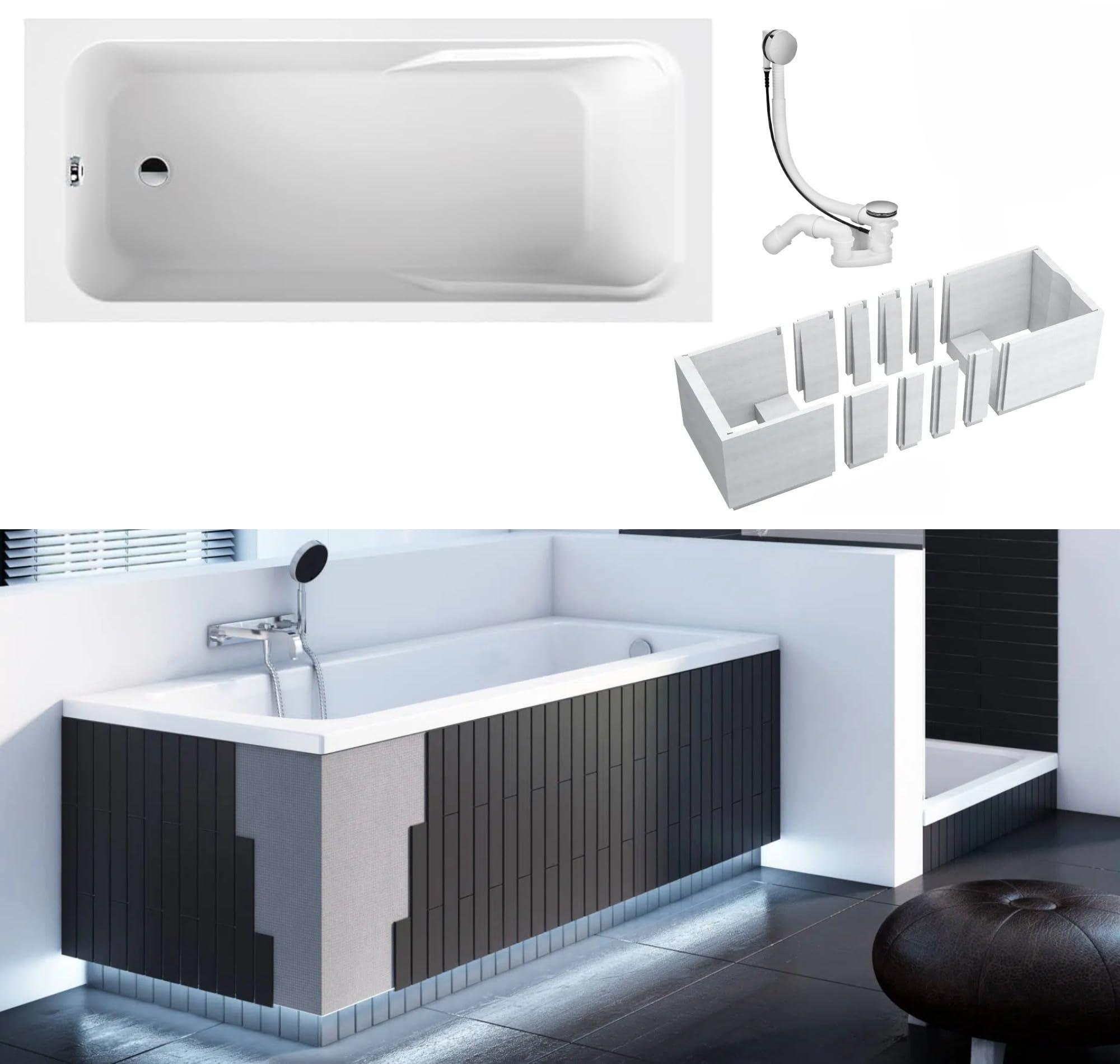 VBChome Vasca da bagno, 160 x 70 cm, in acrilico, colore bianco, per illuminazione a LED, in polistirolo, rettangolare, design moderno, scarico cromato