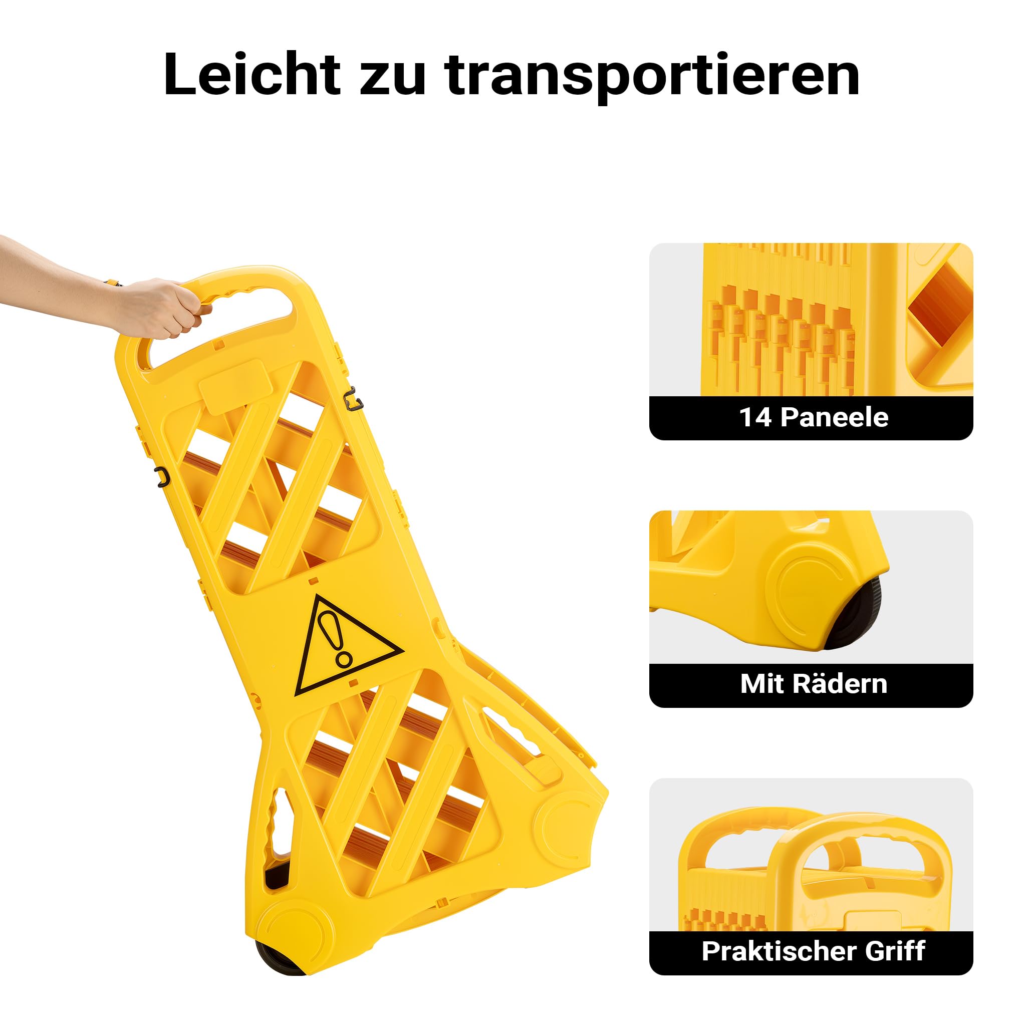 Wiltec mobile Absperrung aus Kunststoff faltbar 60 x 32 x 101 cm, Mobilzaun ausziehbar bis 3,9 m mit Rollen, Absperrzaun aus robustem Material