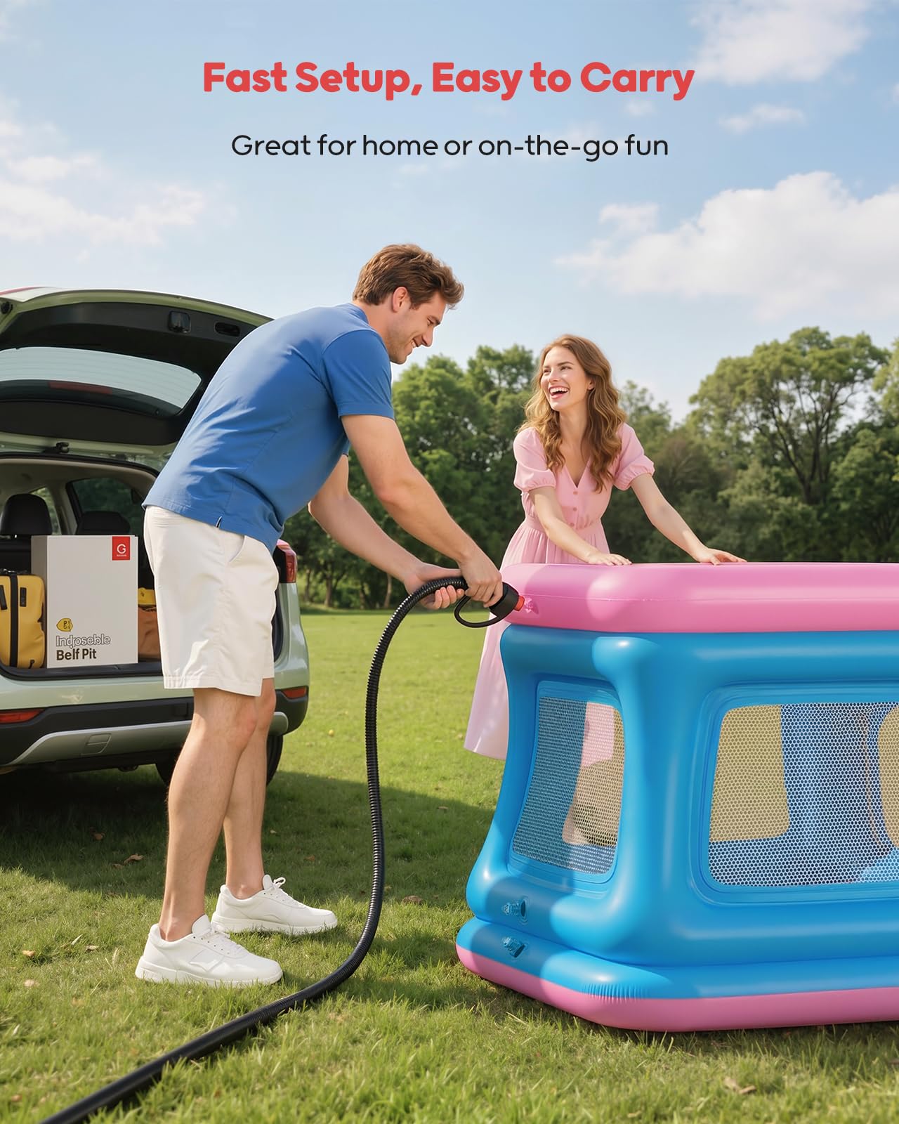 QPAU 3-in-1-Bällebad und Trampolin für Kleinkinder, aufblasbare Hüpfburg mit Sicherheitsnetz, Outdoor-Spielzeug für Kleinkinder von 1–3 Jahren, Hüpfburg für den Innenbereich, Babyspielplatz