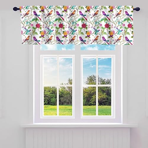 jejeloiu Cortinas de cenefa de colibrí para sala de estar, dormitorio, cortinas de cocina con pájaros tropicales, cenefas de cortina de flores de