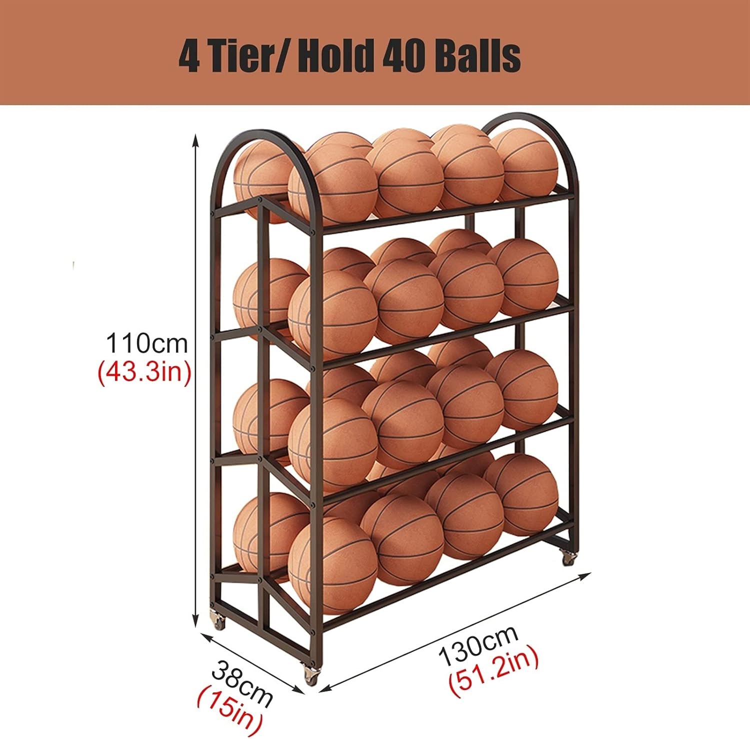 Heavy Duty Ball Storage Cart on Wheels, Large Capacity Metal Basketball Football Organizer, Freestanding Rolling Sports Equipment Rack for Kindergarten/School,White 4 Tier