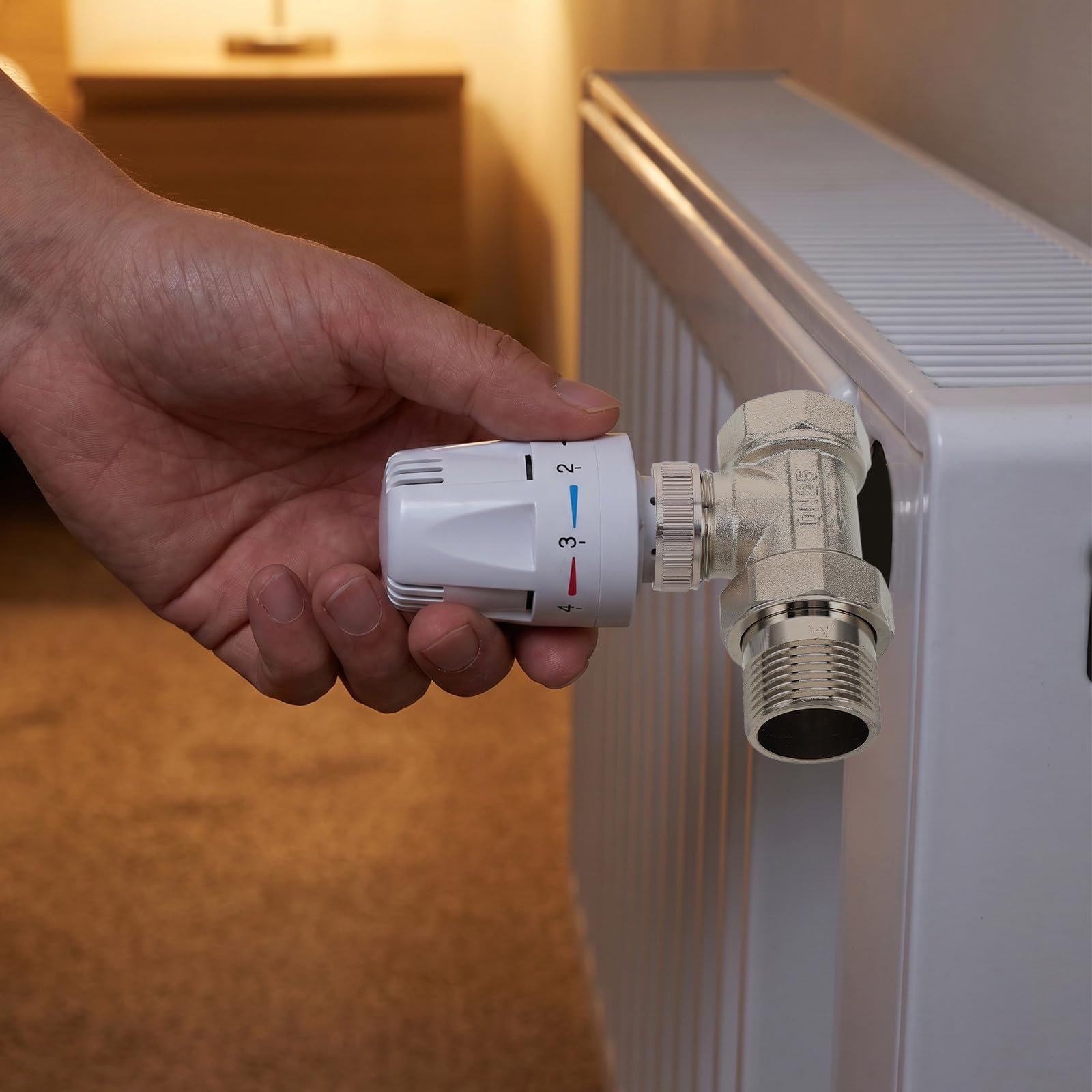 Válvula termostática para radiador, accesorio de calibración de calor para circuito de agua caliente sanitaria, herraje de equilibrado de tuberías DN25 para instalación de calefacción.