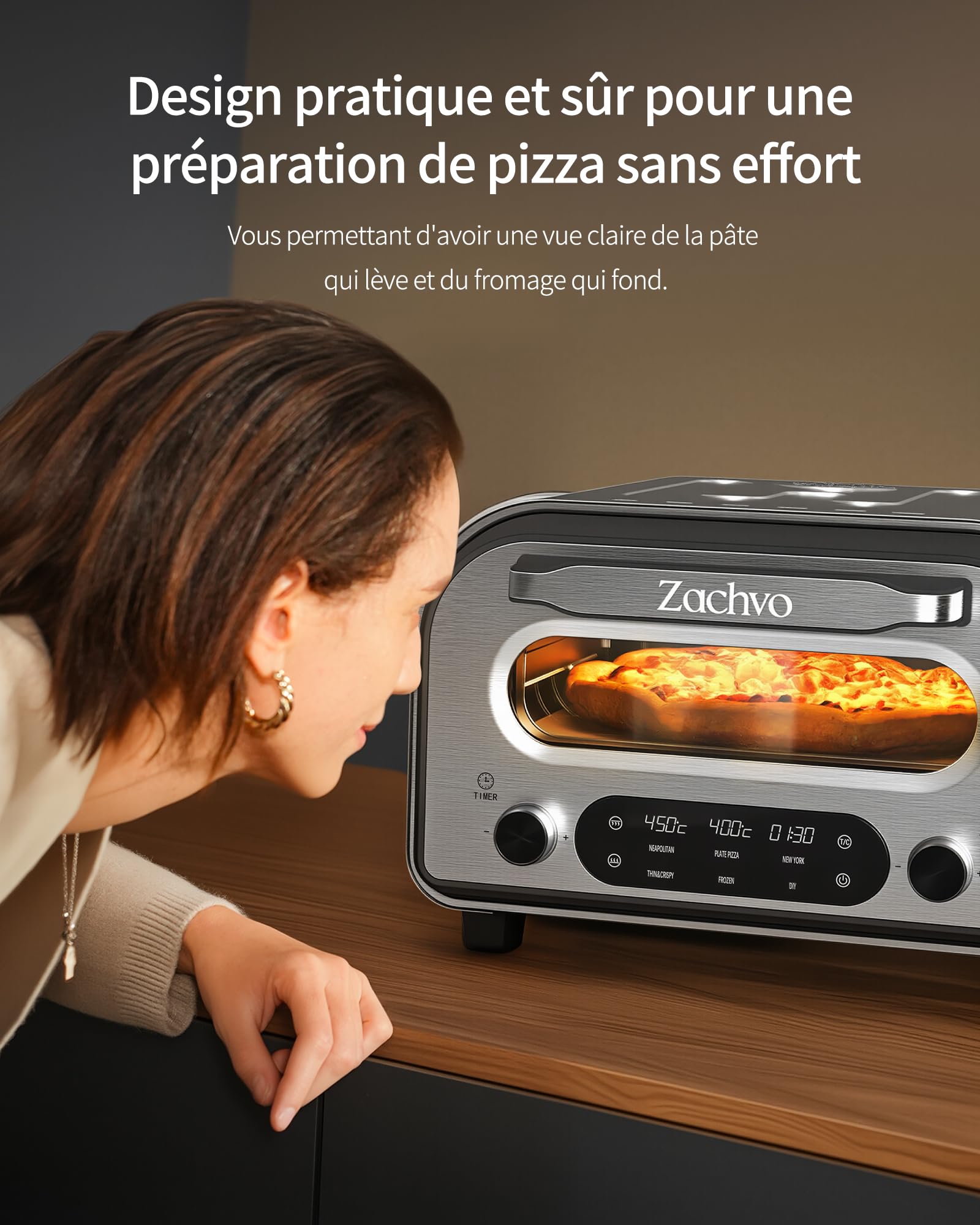 Four à pizza électrique - Jusqu'à 450℃, 5 pizzas préprogrammées, minuterie de 1 à 60 minutes, écran tactile, pour pizza de 32 cm, avec pierre à pizza, pelle à pizza, livre de recettes