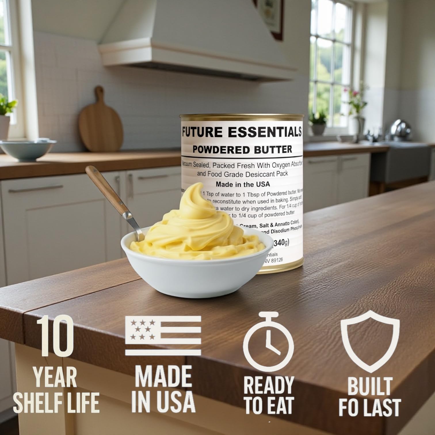Future Essentials Powdered Butter – Butter Powder with 10+ Years Shelf Life – Emergency Survival Food – Great for Preppers, Camping & Food Storage – Made in the USA – 12 oz #2.5 Can