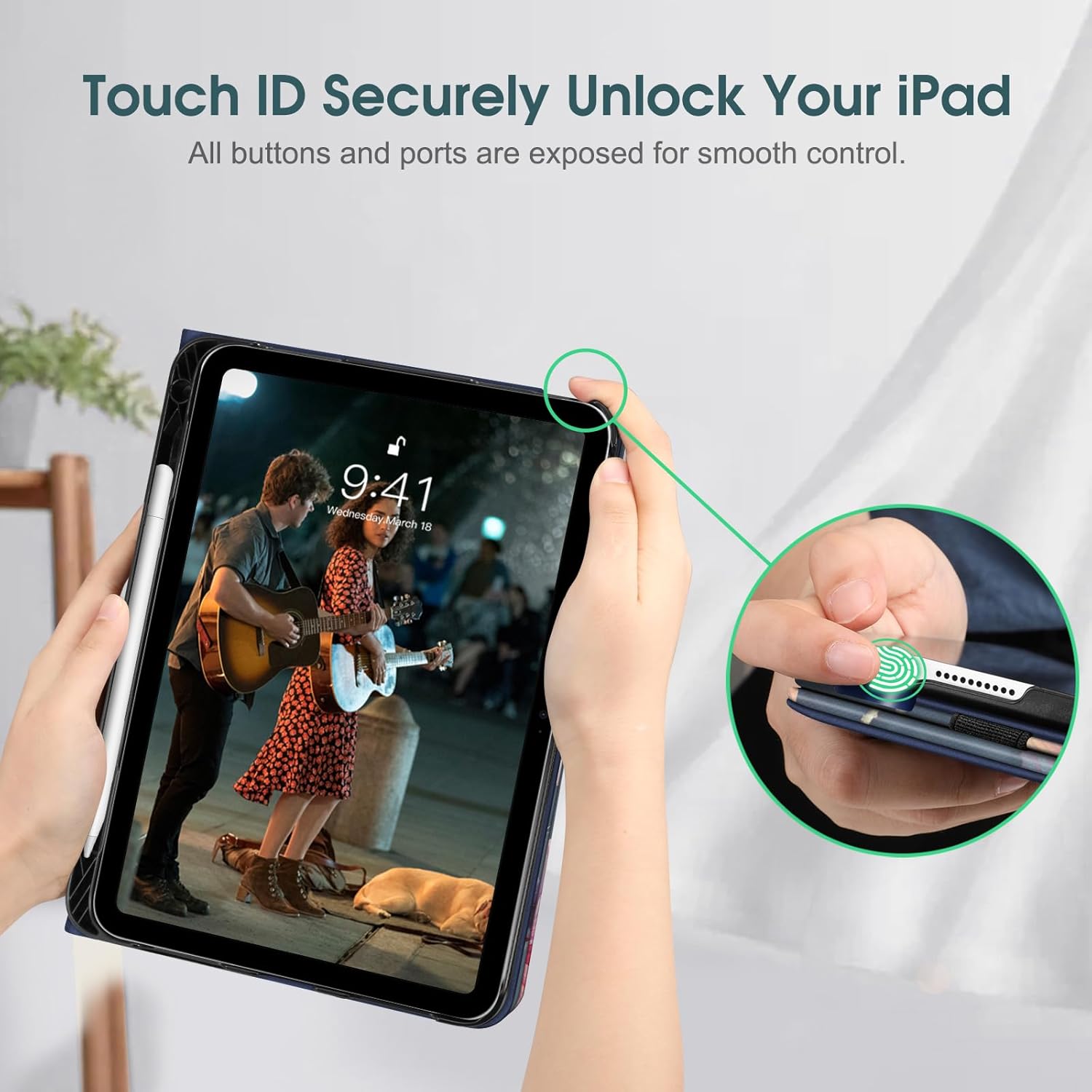 Image showing a finger accessing the Touch ID sensor on the iPad while in the case.