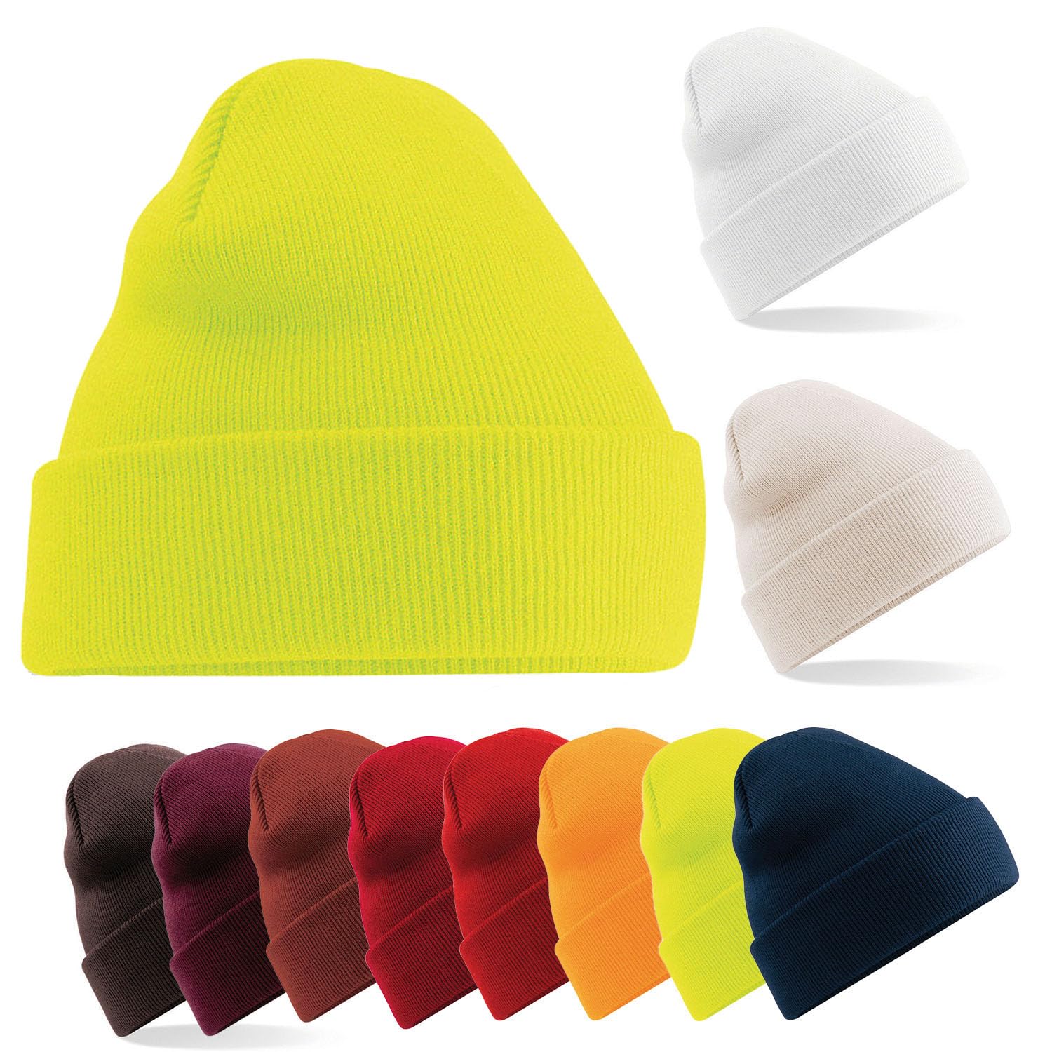 Van Der Linn Cuffed Knitted Beanie Plain Cotton Classic Turn Up Winter Hat Cap (Yellow)
