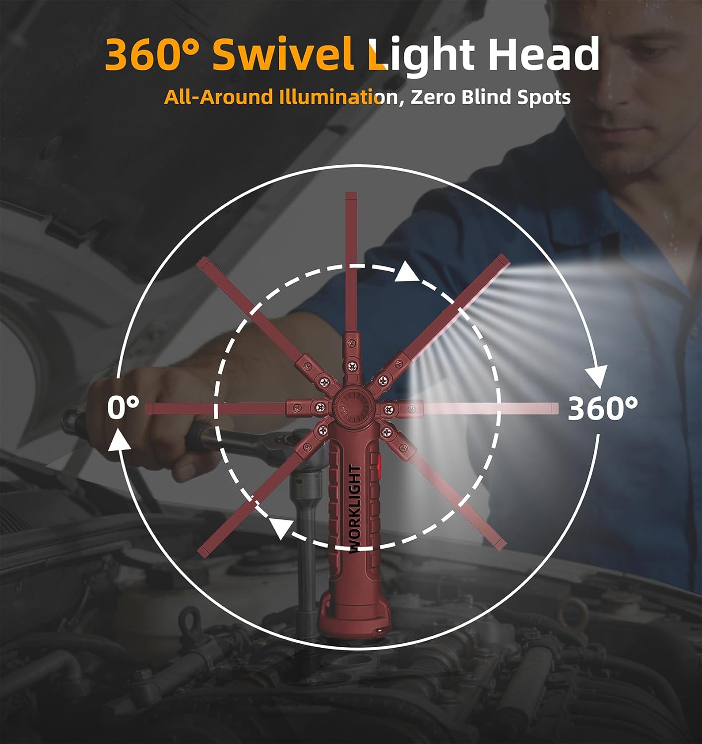 Rechargeable Work Light Flashlight, Tool Fathers Day Dad Gifts for Men Him Husband Grill Light Inspection Lamp with Magnetic Base Hook, 5 Modes 360° Rotate Car Emergency Repair 4 Pack