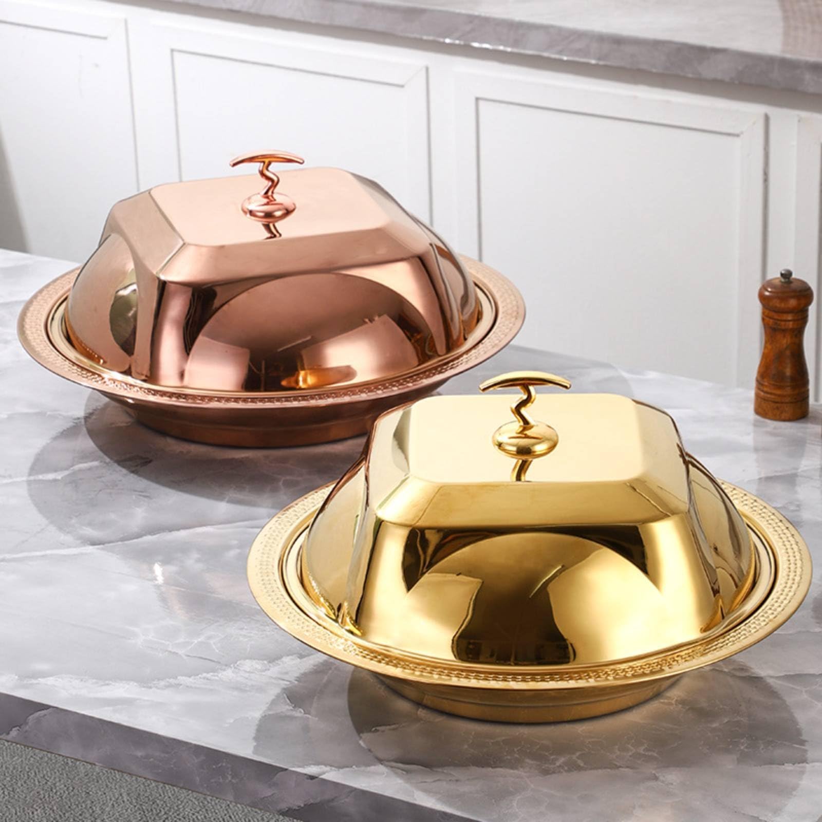 Bandeja para Servir con Tapa Cubierta Plato con Cúpula Fuente con Tapa Bandeja de Servicio de Acero Inoxidable Pulido con Protección contra Polvo y, Dorado, 36 Cm