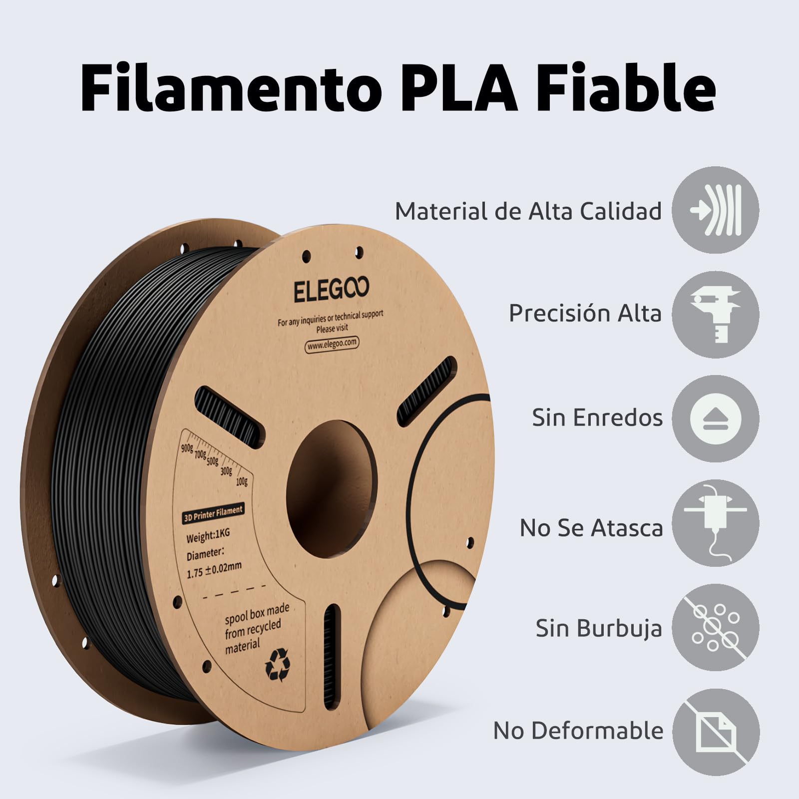ELEGOO Filamento PLA 1.75mm 1KG Negro para Impresora 3D Precisión Dimensional +/- 0.02mm