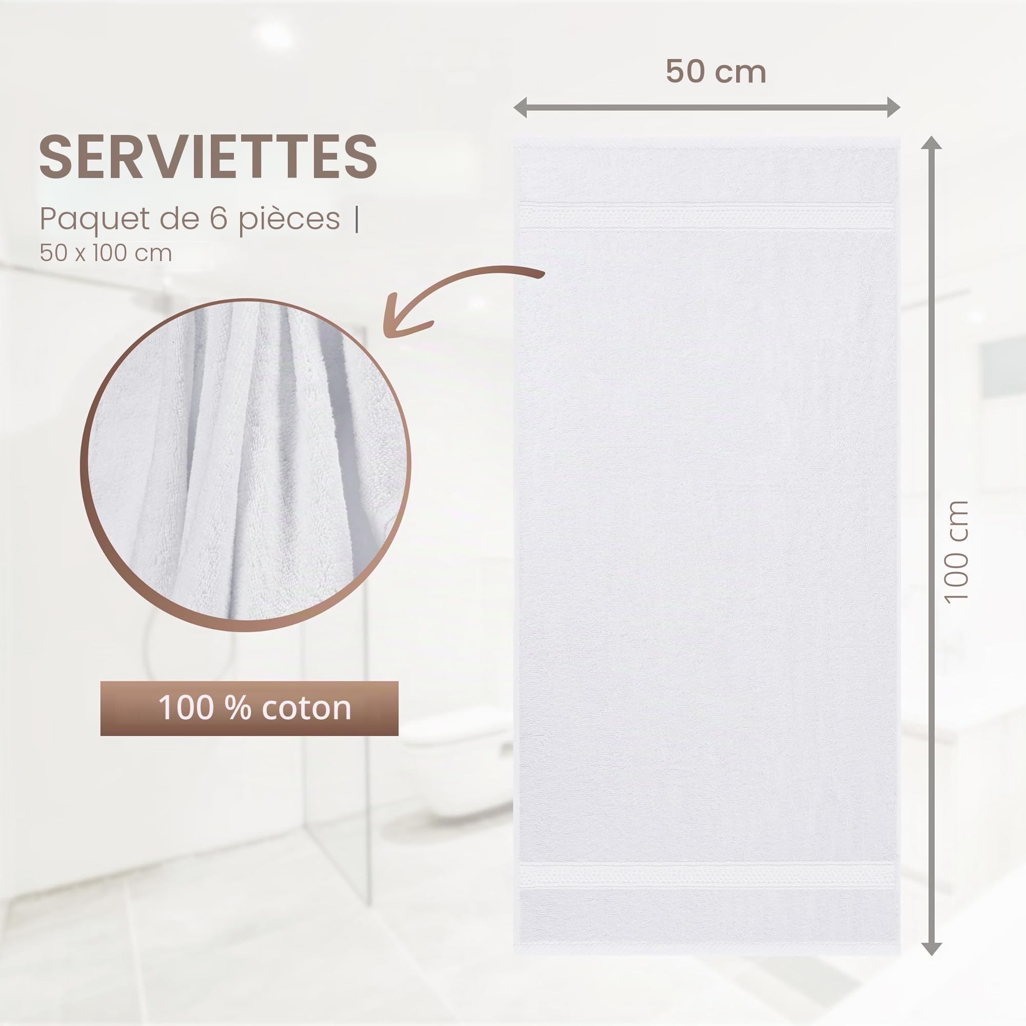 Utopia Towels - Lot de 6 (50 x 100 cm), Seviettes essuie-Mains, Serviettes de Toilette, très Absorbant avec Crochet, 100% Coton (Blanc)