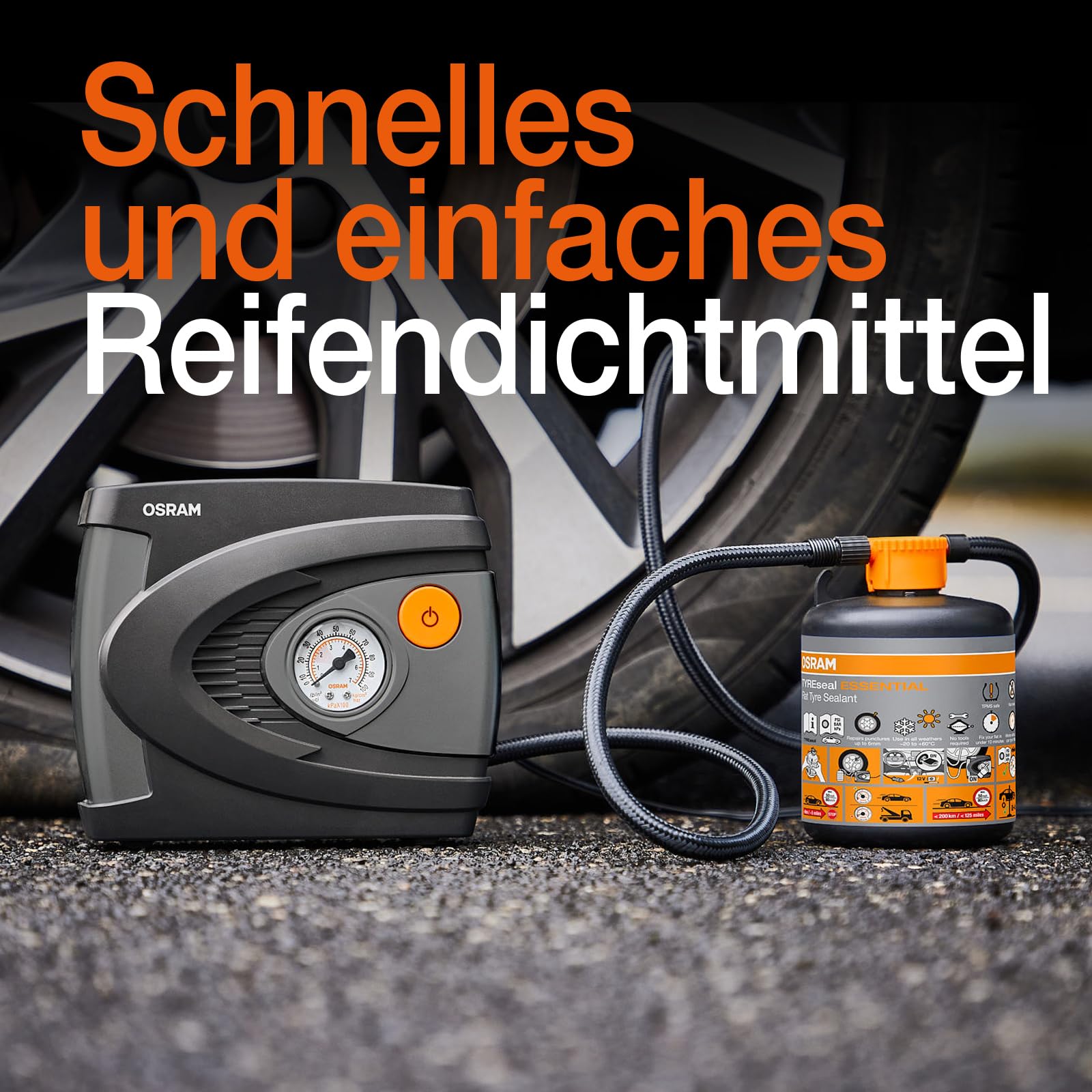 Osram TYREseal KIT Essential, 450 ml Reifendichtmittel und analoger Premium-Reifenfüller, RDKS geeigne, inklusive Aufbewahrungsbox