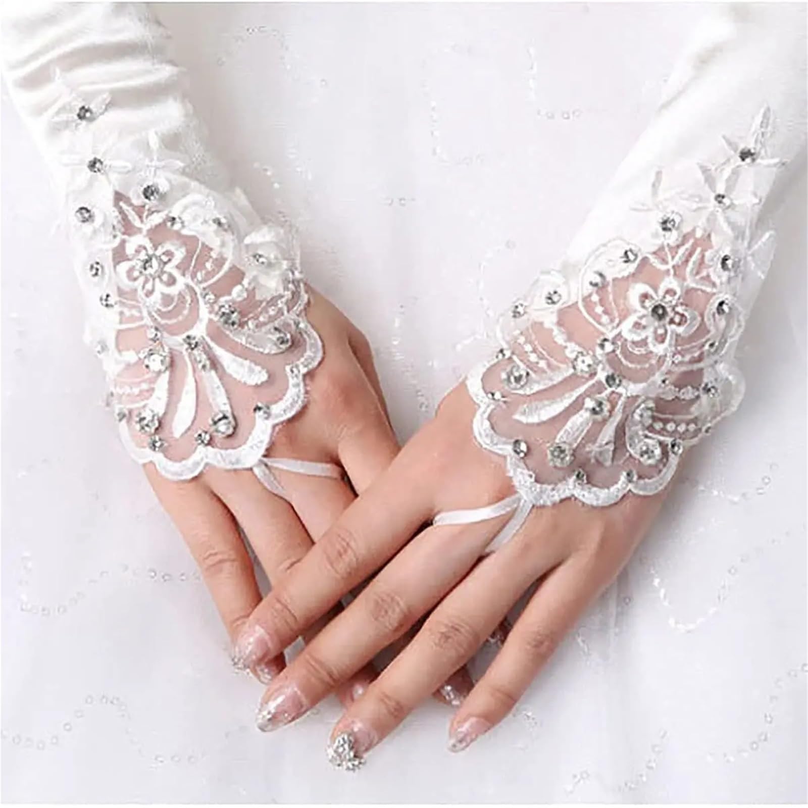 2 paia di guanti da sposa lunghi in raso donna senza dita, fiocco, fiore for accessorio