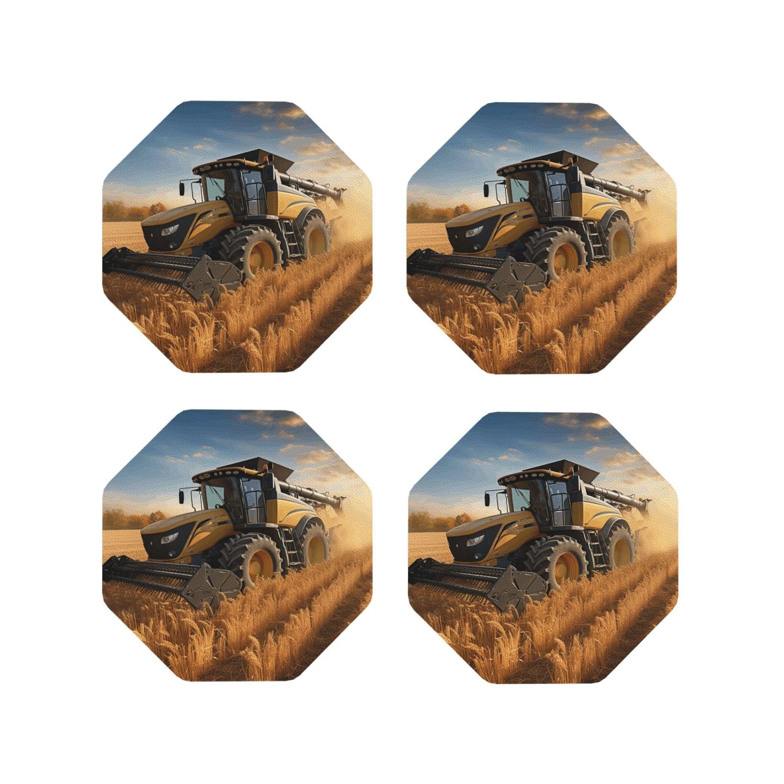 4pcs Drink Coasters for Tabletop Protection, 4" Leather Coasters for Drinks, Farm Tractor Harvester Cup Coasters for Coffee Table Decor, Non-Slip Drinking Cup Mat for Hot Or Cold Drink