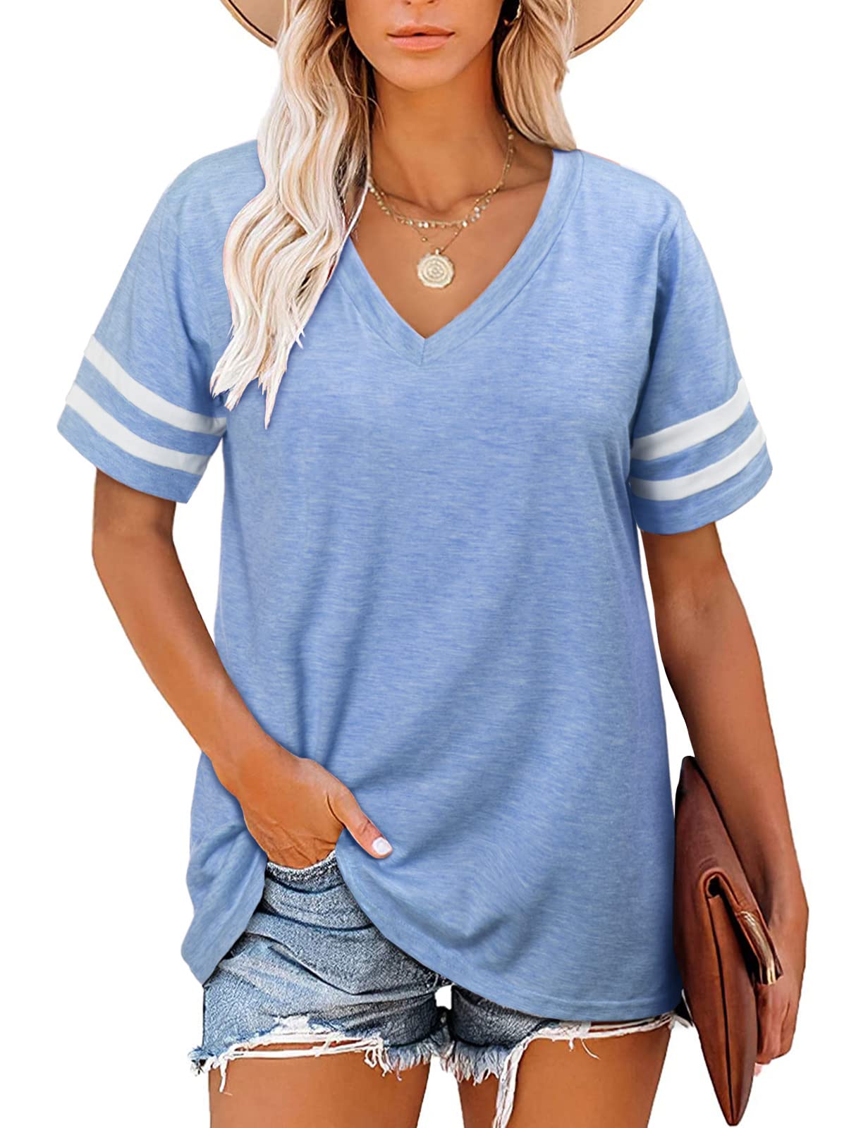 UMIPUBO Mujer Blusas y Camisa Cuello V Camisetas Verano Manga Corta Casua T-Shirt Short Sleeve Shirt Suelta Tops