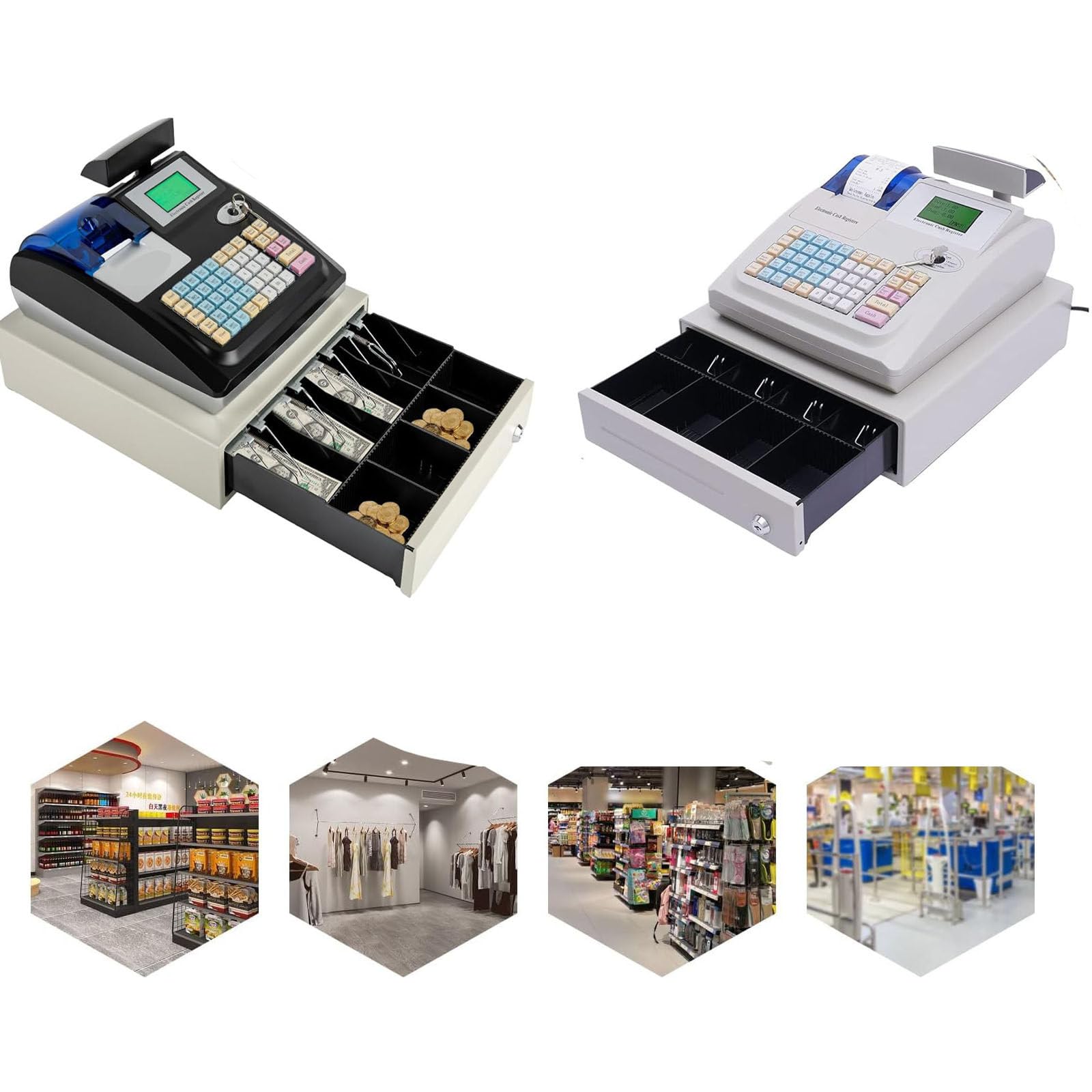 Caja registradora electrónica, Caja registradora con Tablero de conteo de Monedas,comprobador de Billetes, multipuerto de Mano, Comercio,White-US